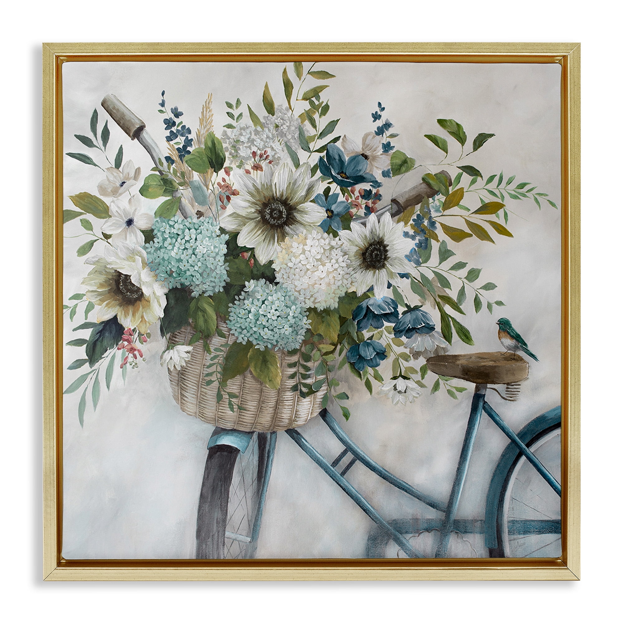 Stupell Industries Floral Bike Basket Transportation Painting Gold Floater Framed Canvas Art Print Wall Art, 25 x 25