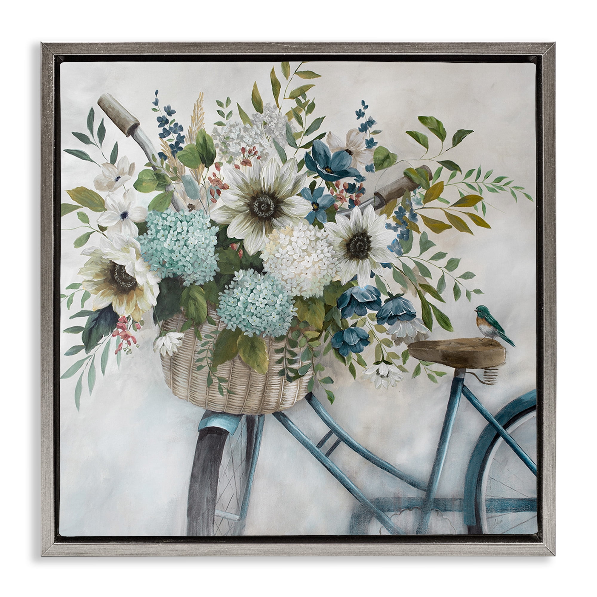 Stupell Industries Floral Bike Basket Transportation Painting Gray Floater Framed Canvas Art Print Wall Art, 18 x 18