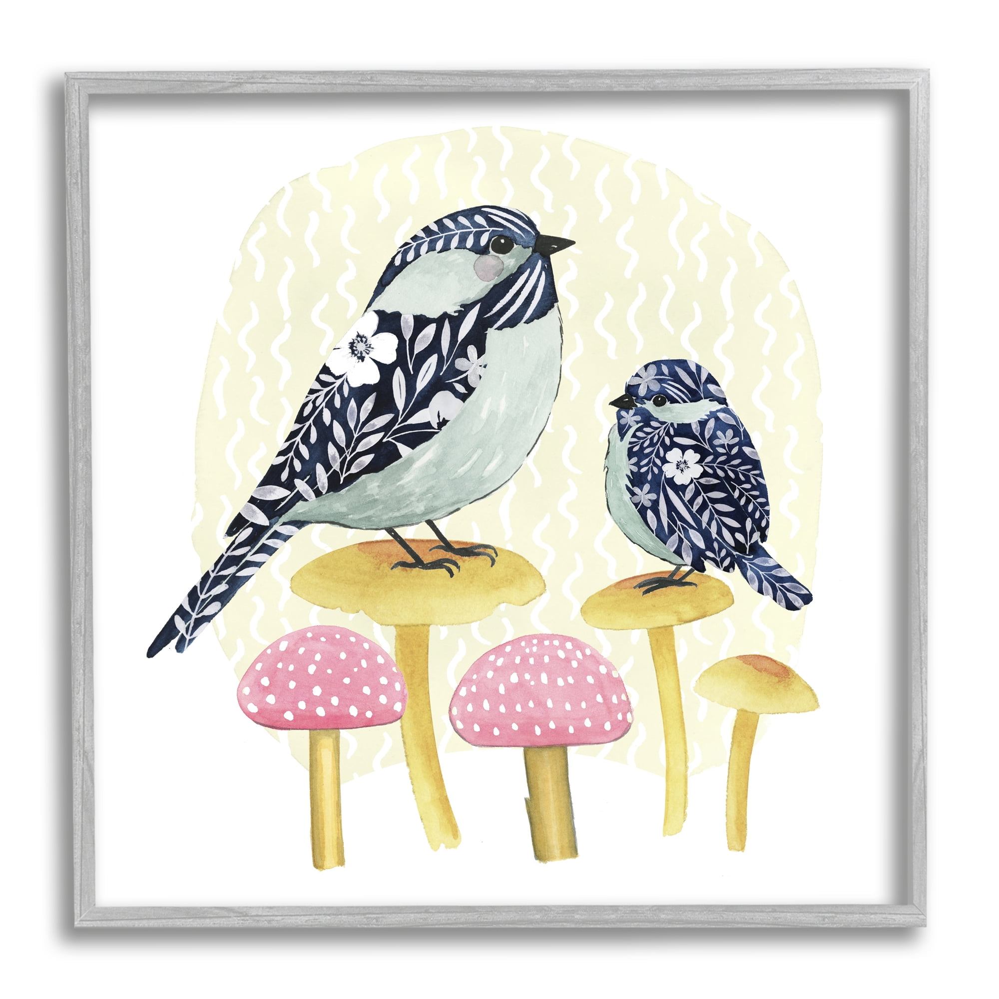 Stupell Industries Floral Birds Perched Mushrooms Animals & Insects Painting Gray Framed Art Print Wall Art
