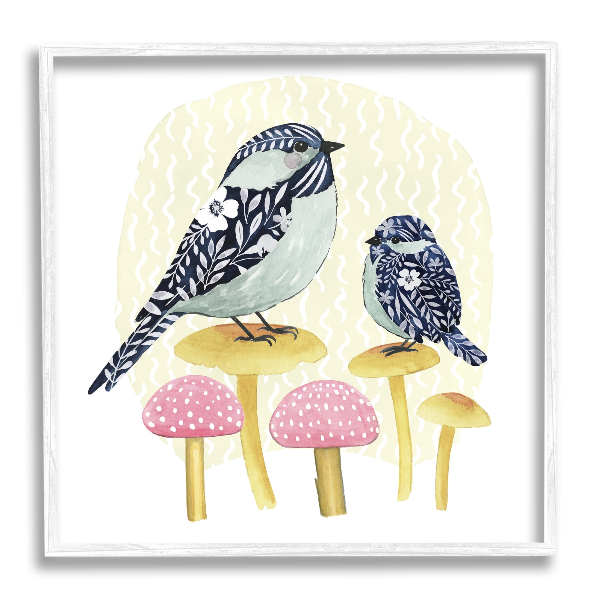 Stupell Industries Floral Birds Perched Mushrooms Animals & Insects Painting White Framed Art Print Wall Art