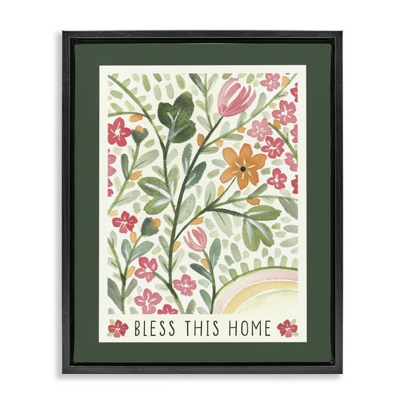 Stupell Industries Floral Bless Phrase Botanical & Floral Painting Black Floater Framed Art Print Wall Art, 17 x 21