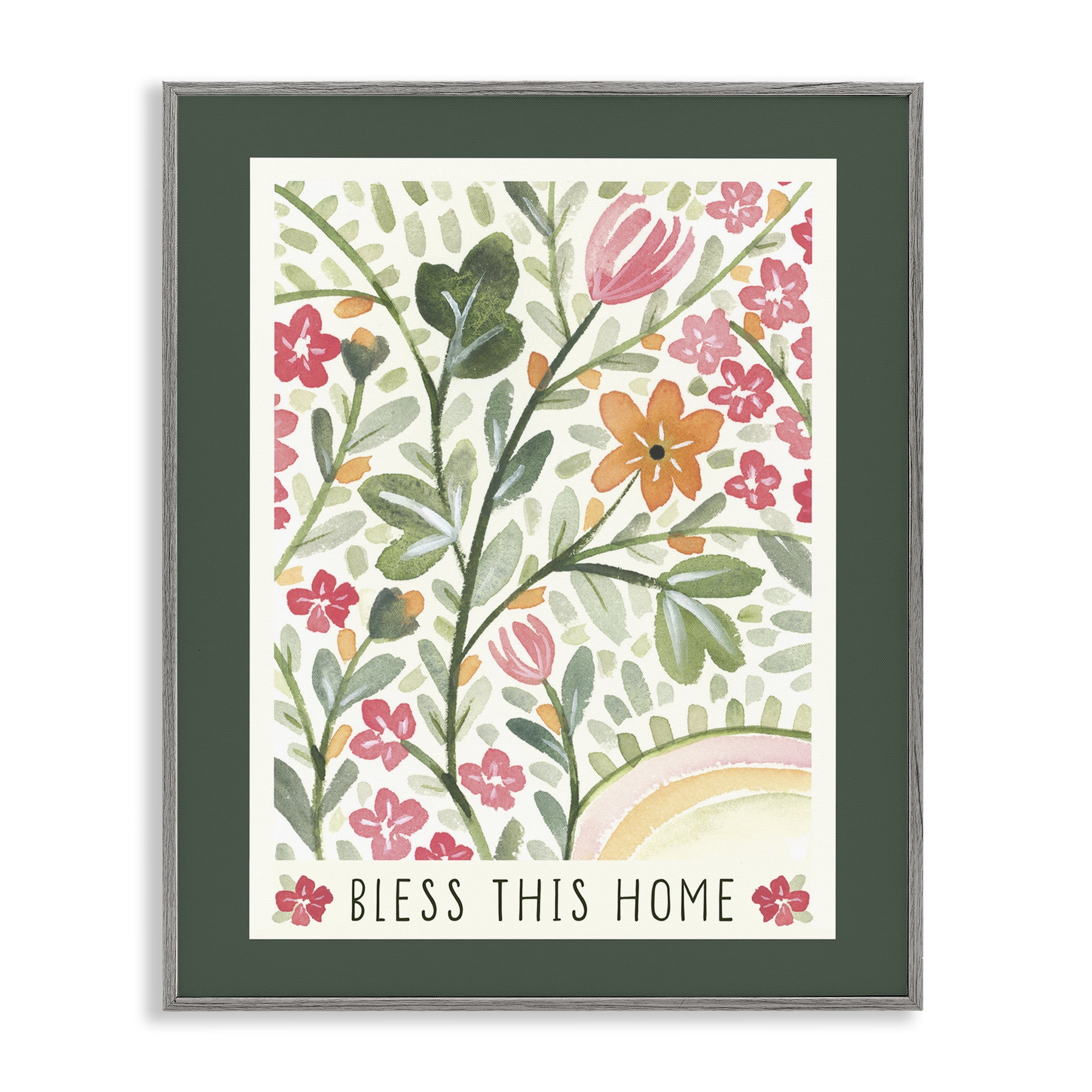 Stupell Industries Floral Bless Phrase Botanical & Floral Painting Gray Framed Art Print Wall Art, 16 x 20