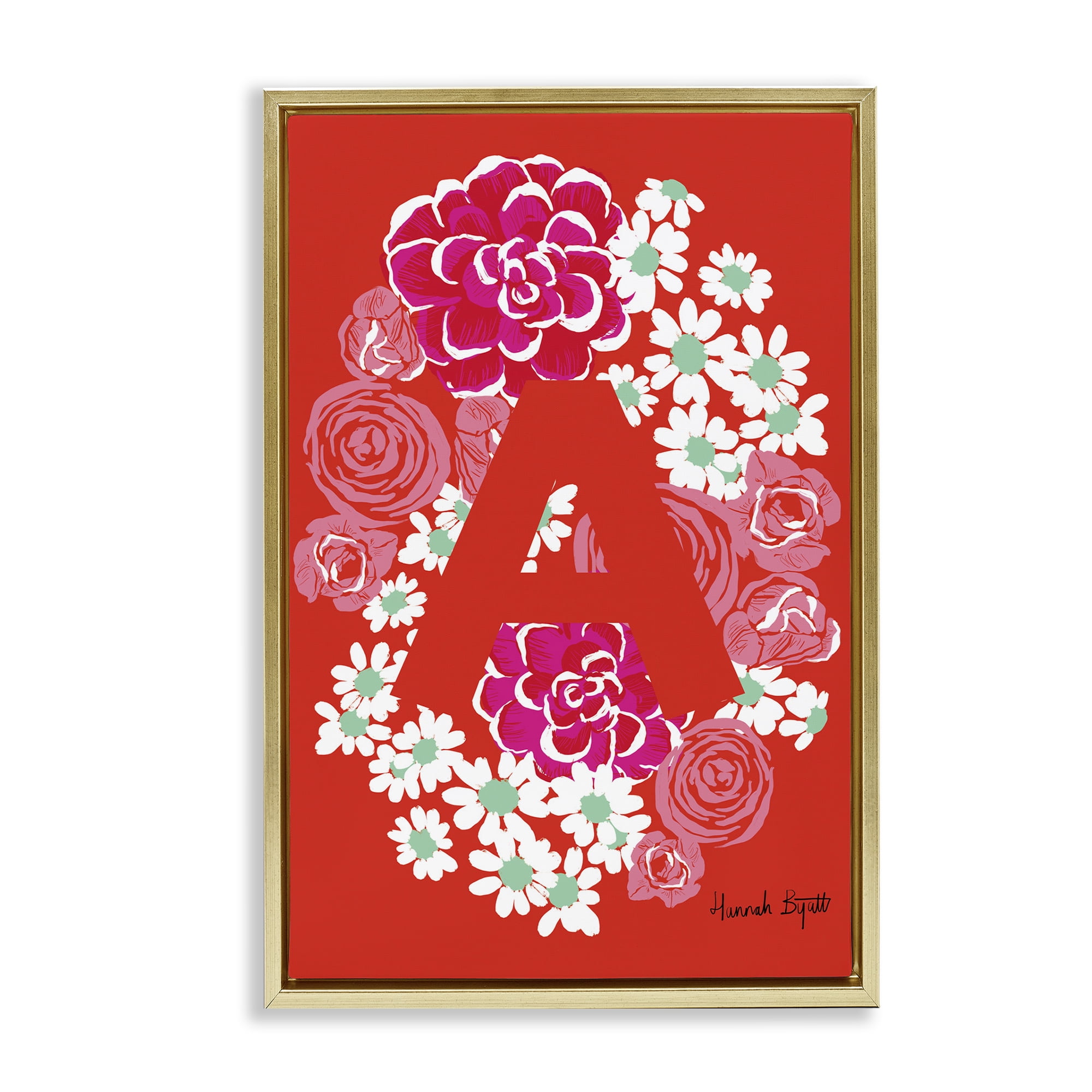 Stupell Industries Floral Bloom Letter A Botanical & Floral Painting Gold Floater Framed Art Print Wall Art, 21 x 31