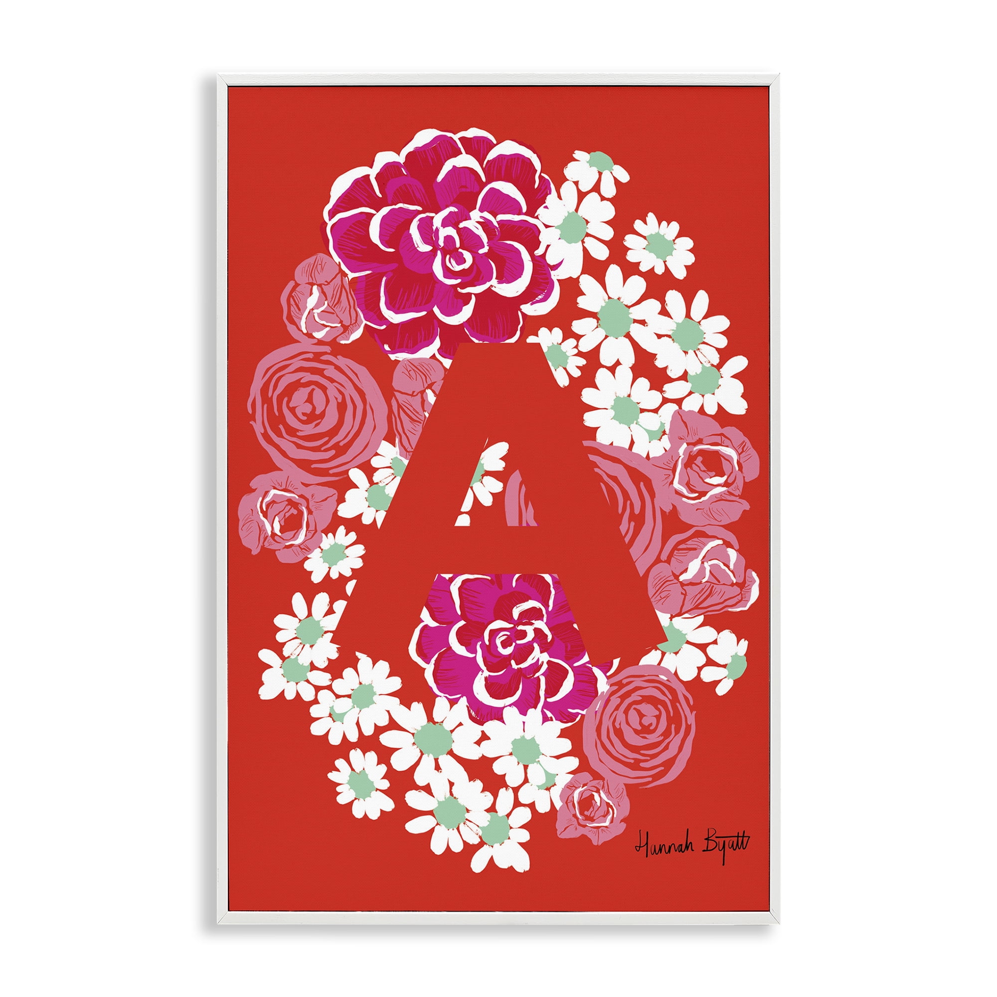 Red Floral Bloom Letter A Botanical Print with White Frame, 12 x 18
