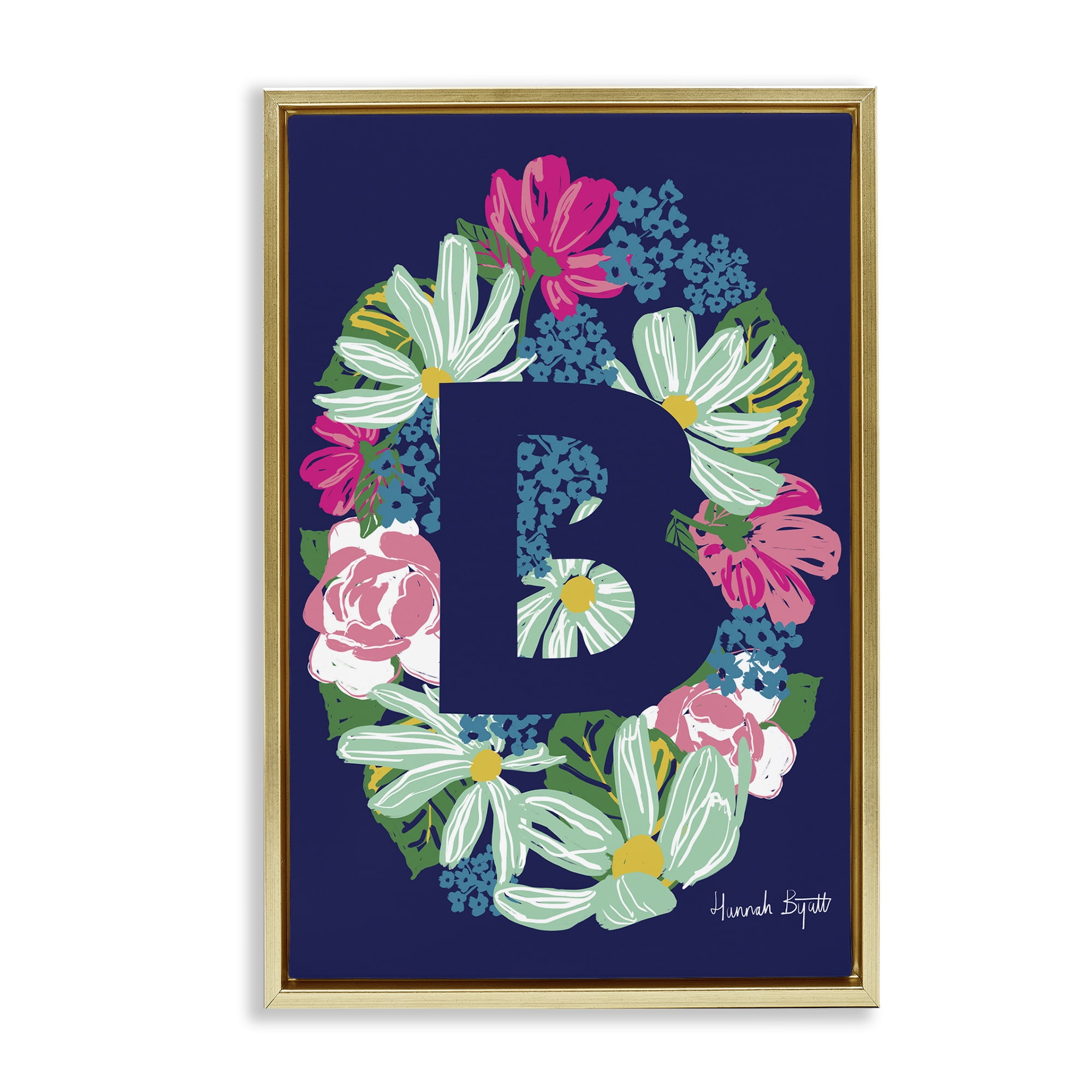 Stupell Industries Floral Bloom Letter B Botanical & Floral Painting Gold Floater Framed Art Print Wall Art, 17 x 25