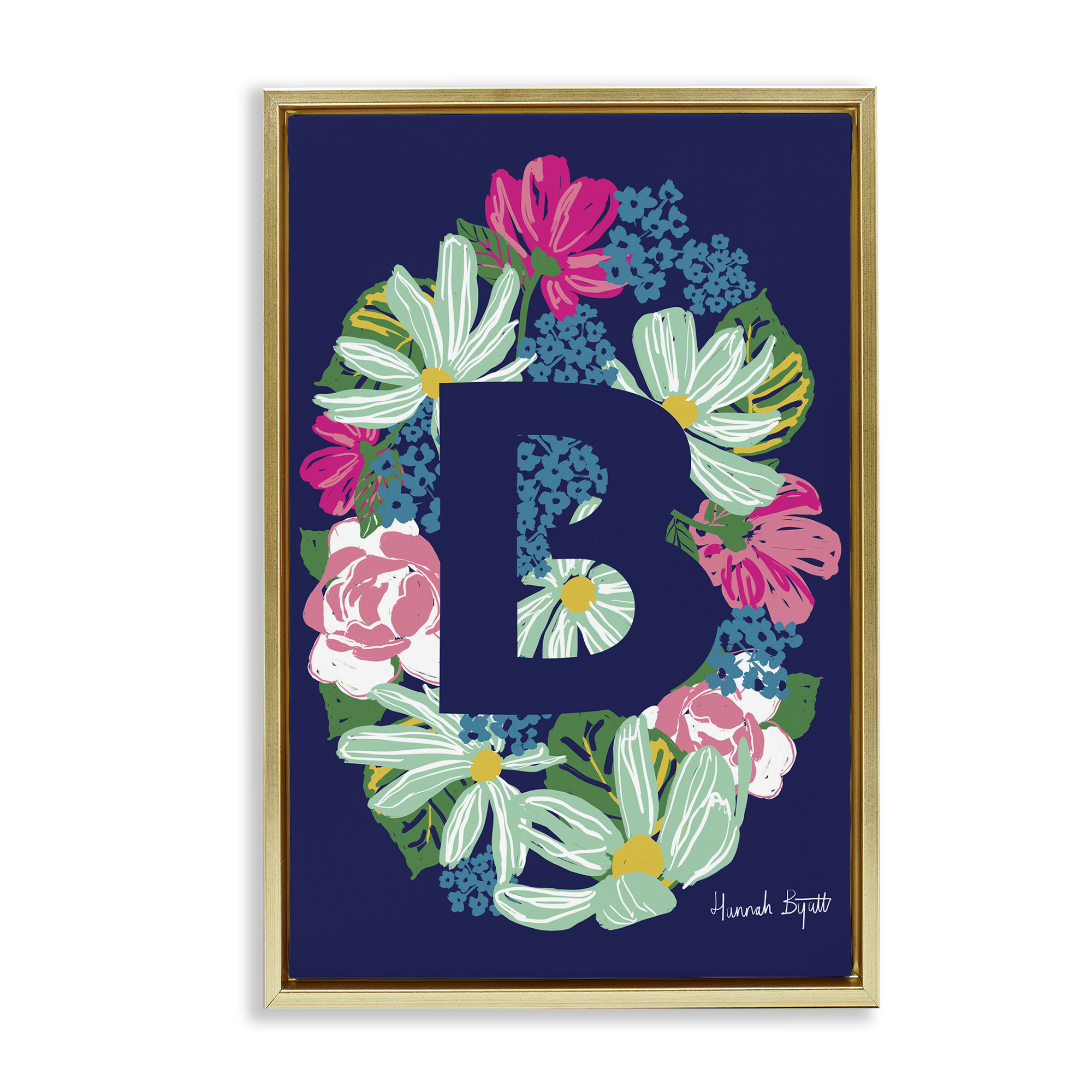 Stupell Industries Floral Bloom Letter B Botanical & Floral Painting Gold Floater Framed Art Print Wall Art, 21 x 31