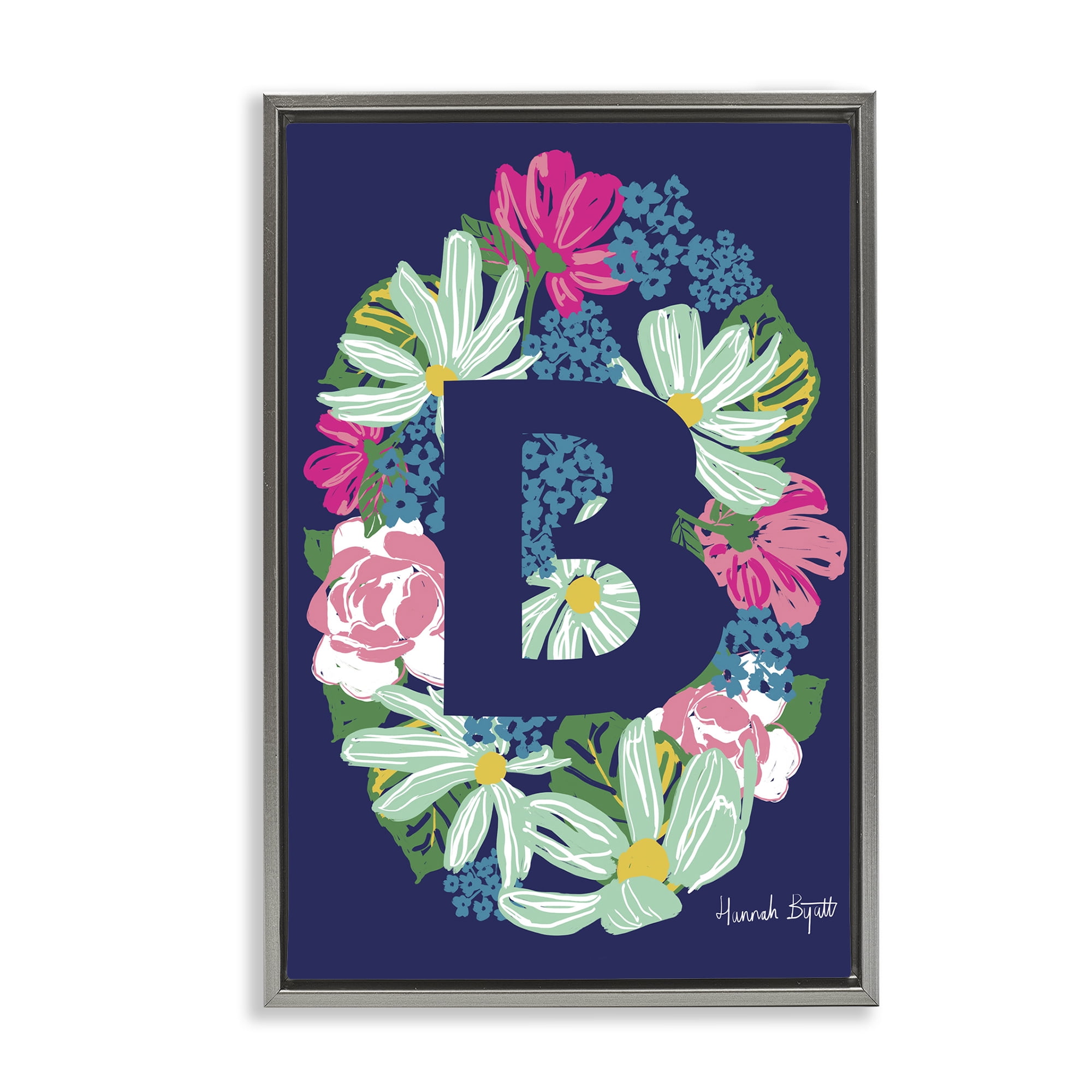 Stupell Industries Floral Bloom Letter B Botanical & Floral Painting Gray Floater Framed Art Print Wall Art, 21 x 31