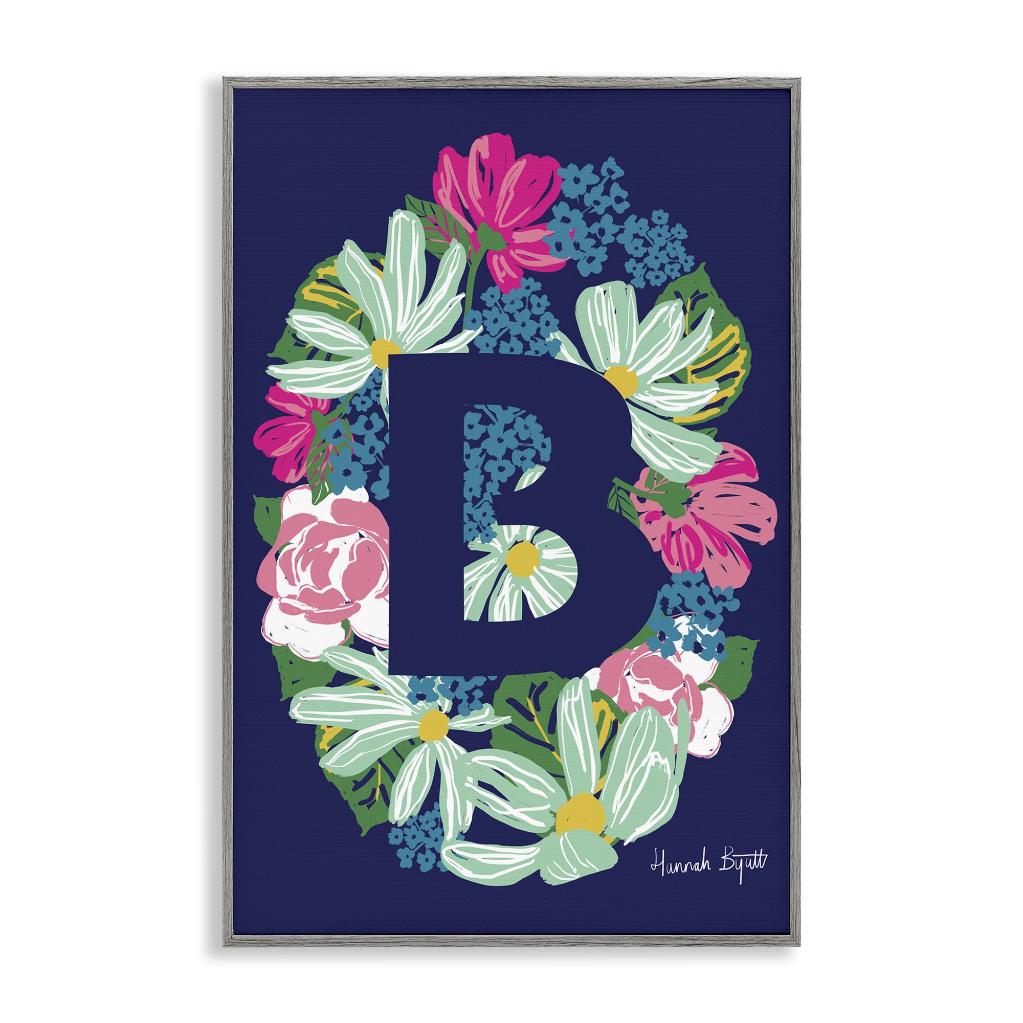 Stupell Industries Floral Bloom Letter B Botanical & Floral Painting Gray Framed Art Print Wall Art, 12 x 18