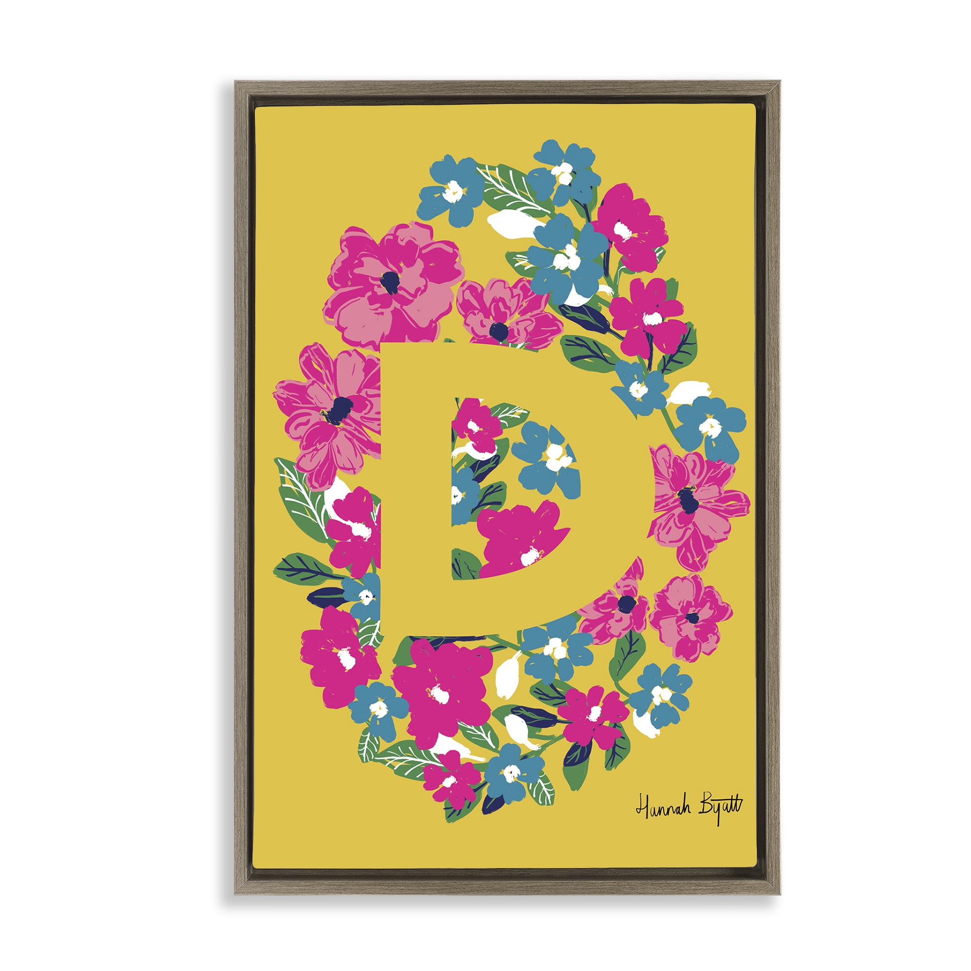 Floral Bloom Letter D Botanical Canvas Print with Brown Frame, 17 x 25