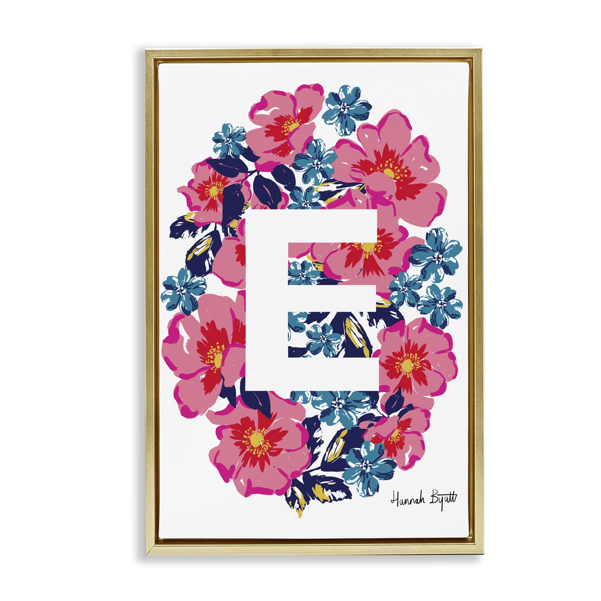 Stupell Industries Floral Bloom Letter E Botanical & Floral Painting Gold Floater Framed Art Print Wall Art, 21 x 31