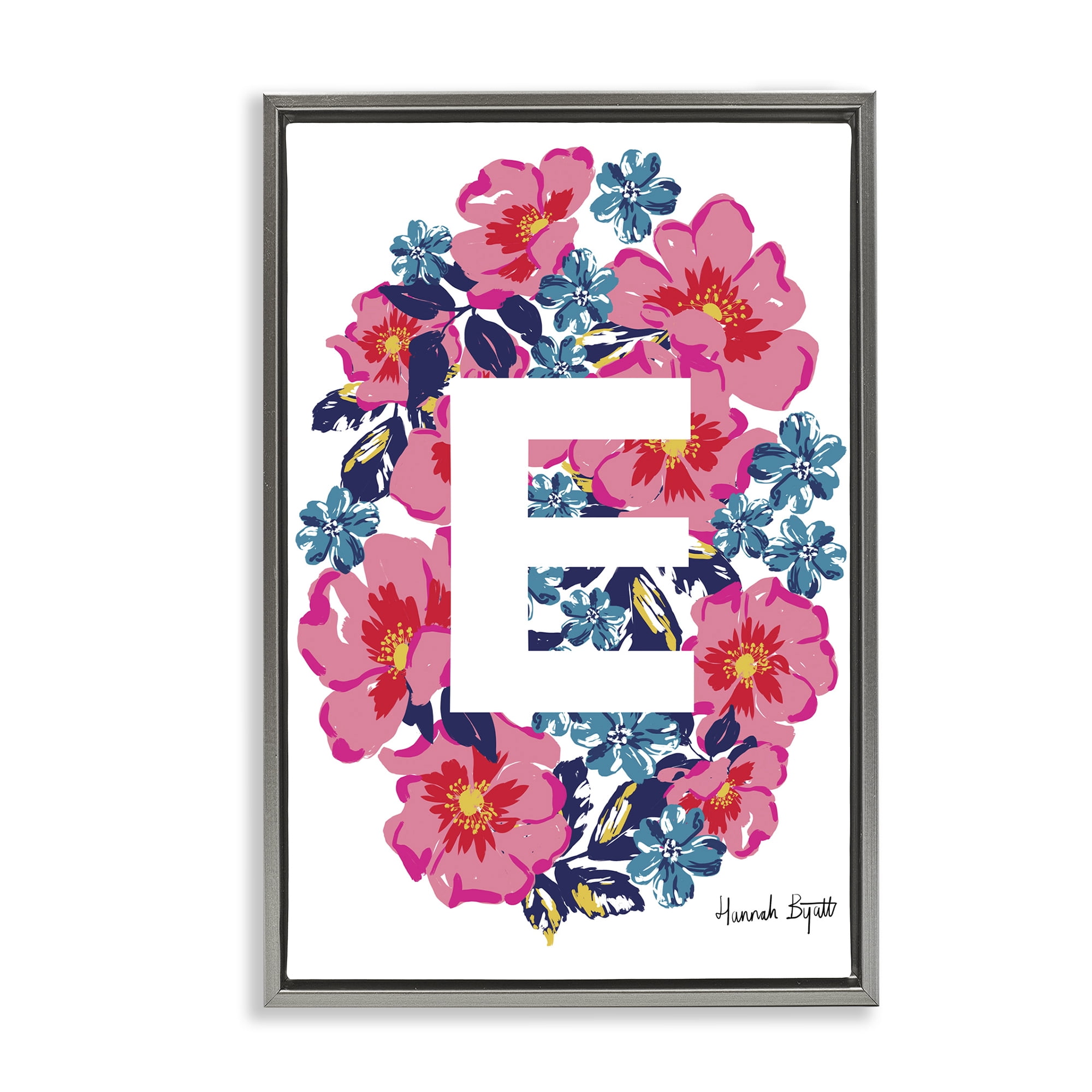 Stupell Industries Floral Bloom Letter E Botanical & Floral Painting Gray Floater Framed Art Print Wall Art, 21 x 31