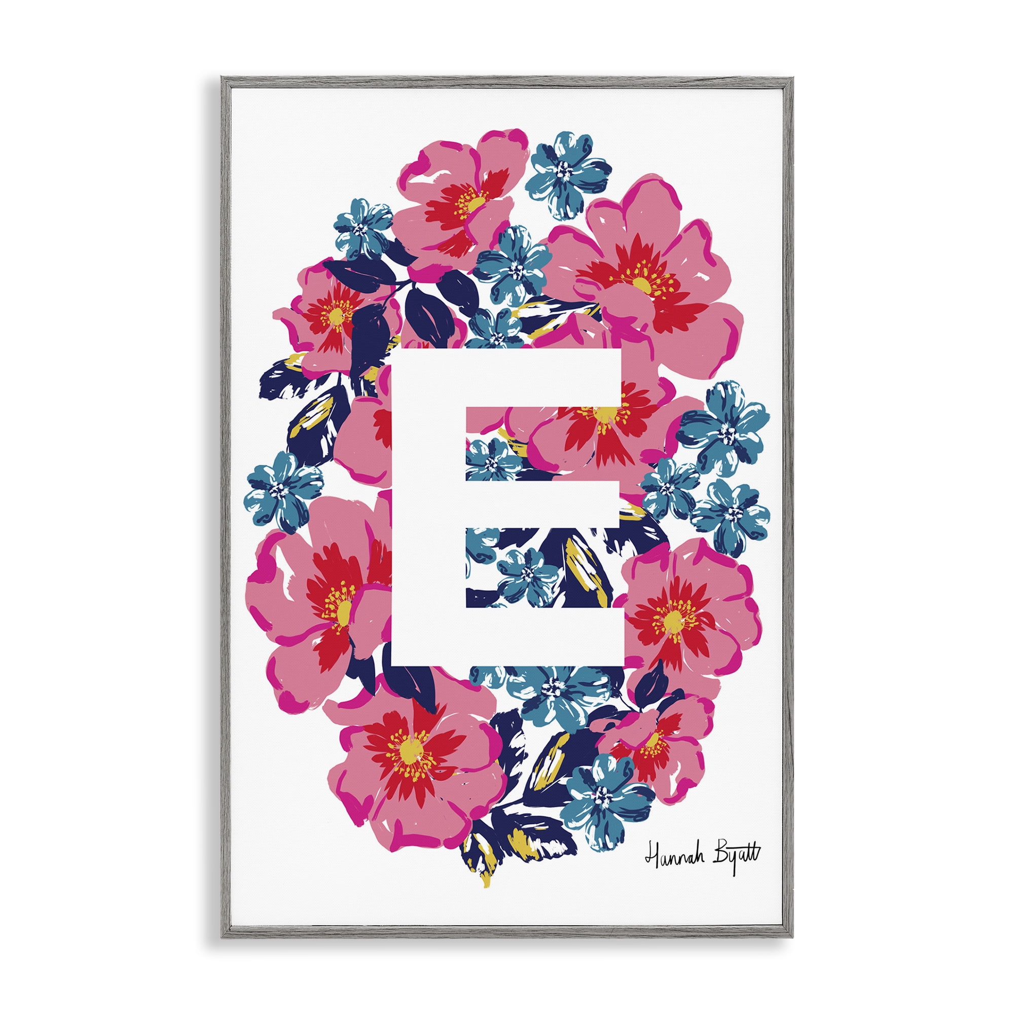 Stupell Industries Floral Bloom Letter E Botanical & Floral Painting Gray Framed Art Print Wall Art, 16 x 24