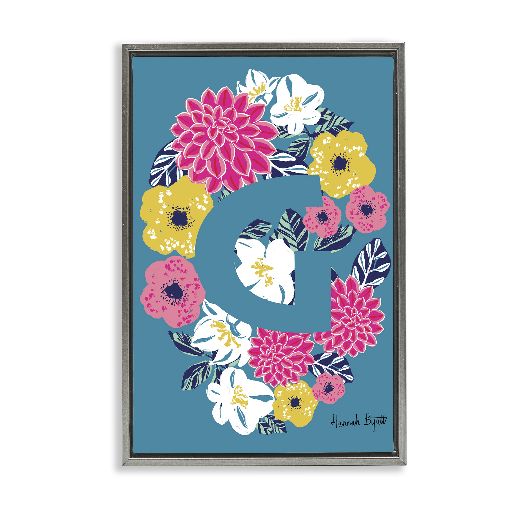 Stupell Industries Floral Bloom Letter G Botanical & Floral Painting Gray Floater Framed Art Print Wall Art, 17 x 25