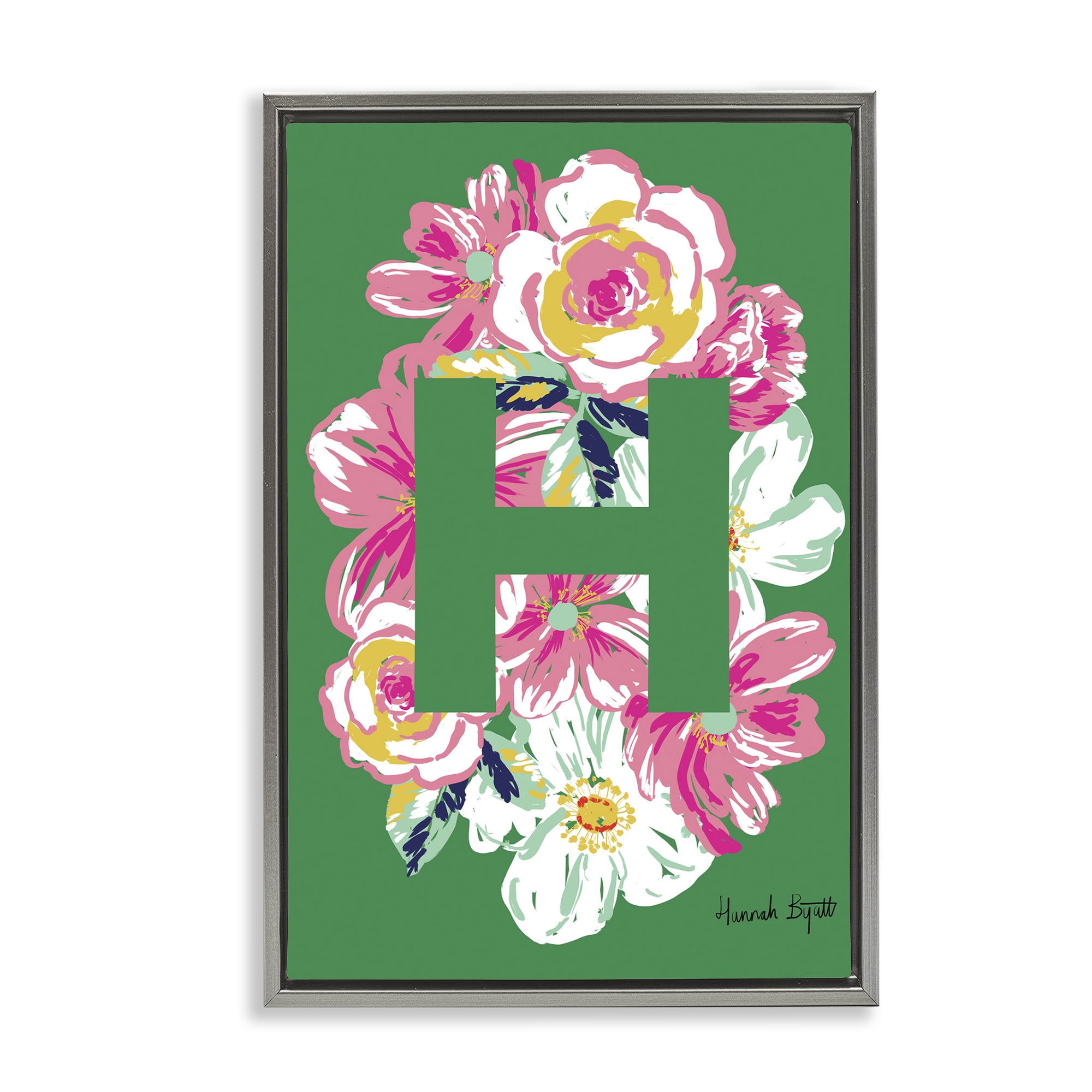Stupell Industries Floral Bloom Letter H Botanical & Floral Painting Gray Floater Framed Art Print Wall Art, 17 x 25