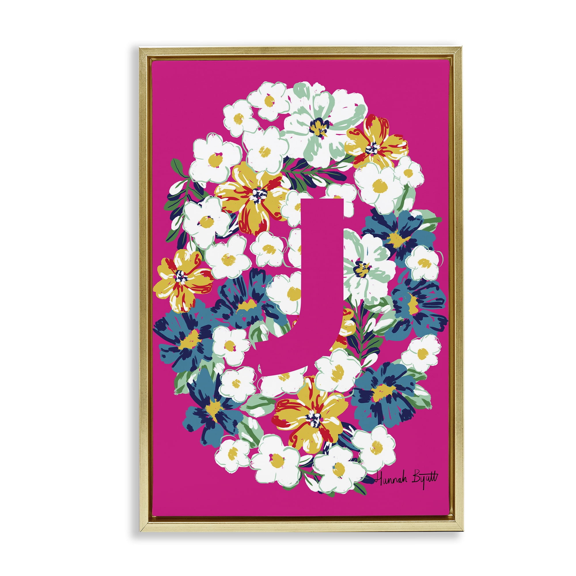 Stupell Industries Floral Bloom Letter J Botanical & Floral Painting Gold Floater Framed Art Print Wall Art, 21 x 31