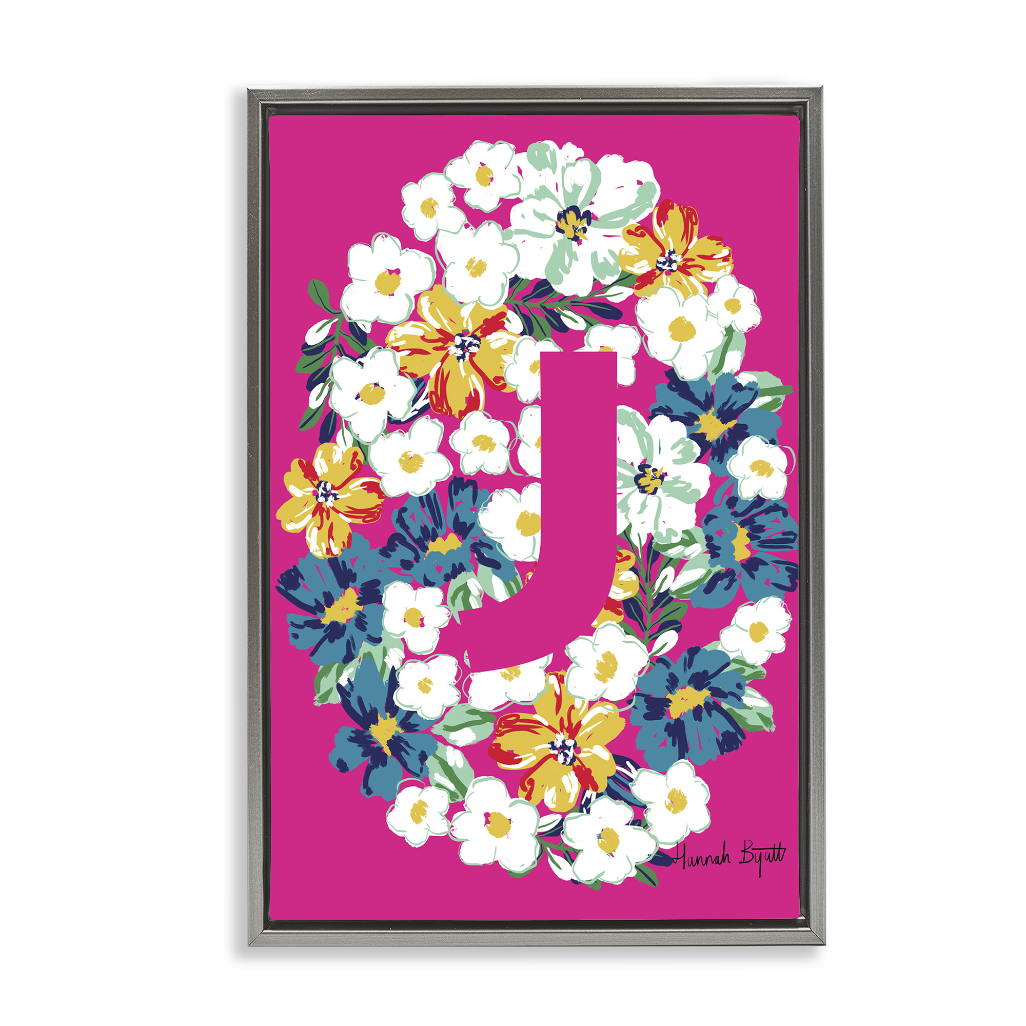 Stupell Industries Floral Bloom Letter J Botanical & Floral Painting Gray Floater Framed Art Print Wall Art, 17 x 25
