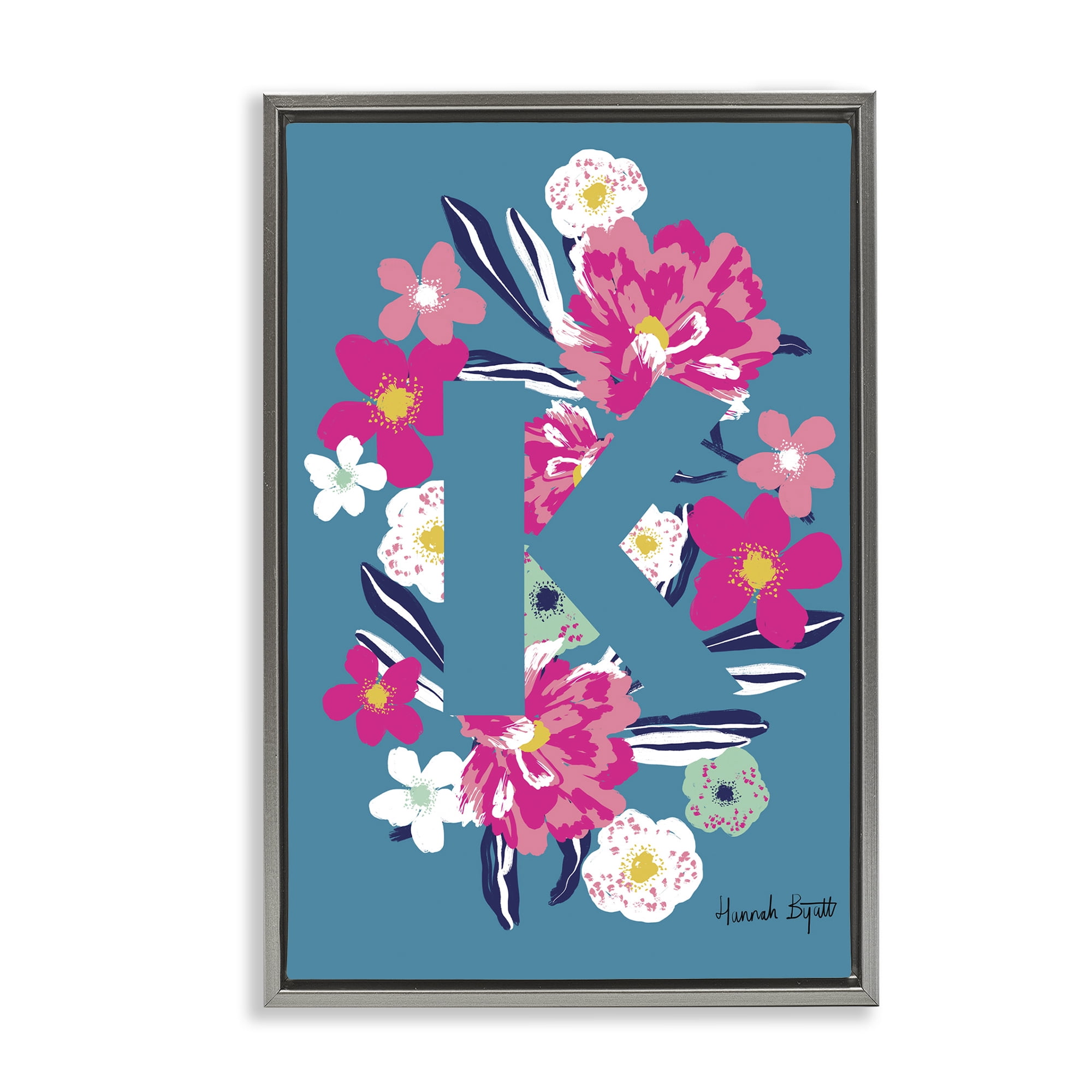 Stupell Industries Floral Bloom Letter K Botanical & Floral Painting Gray Floater Framed Art Print Wall Art, 17 x 25
