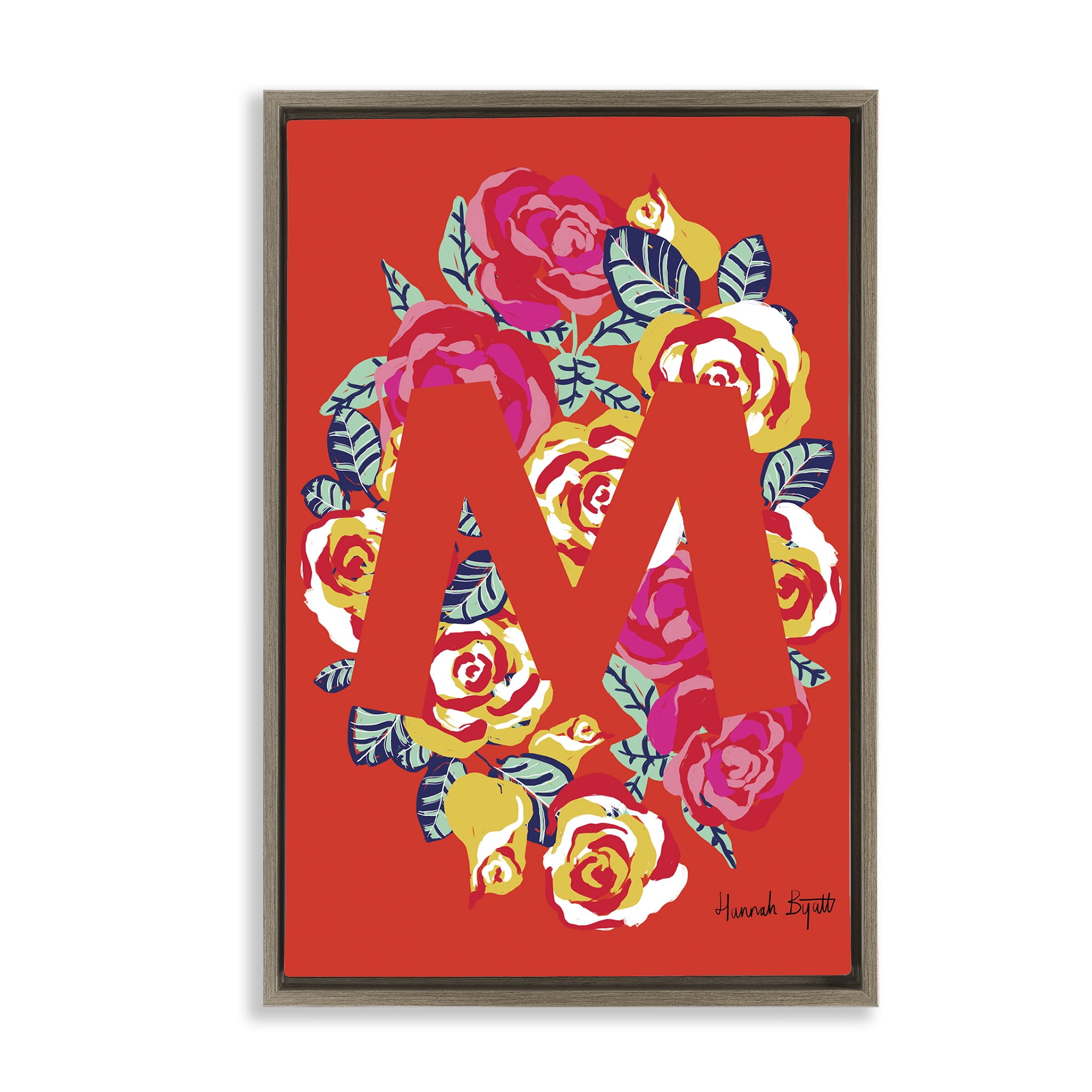 Stupell Industries Floral Bloom Letter M Botanical & Floral Painting Brown Floater Framed Art Print Wall Art, 17 x 25