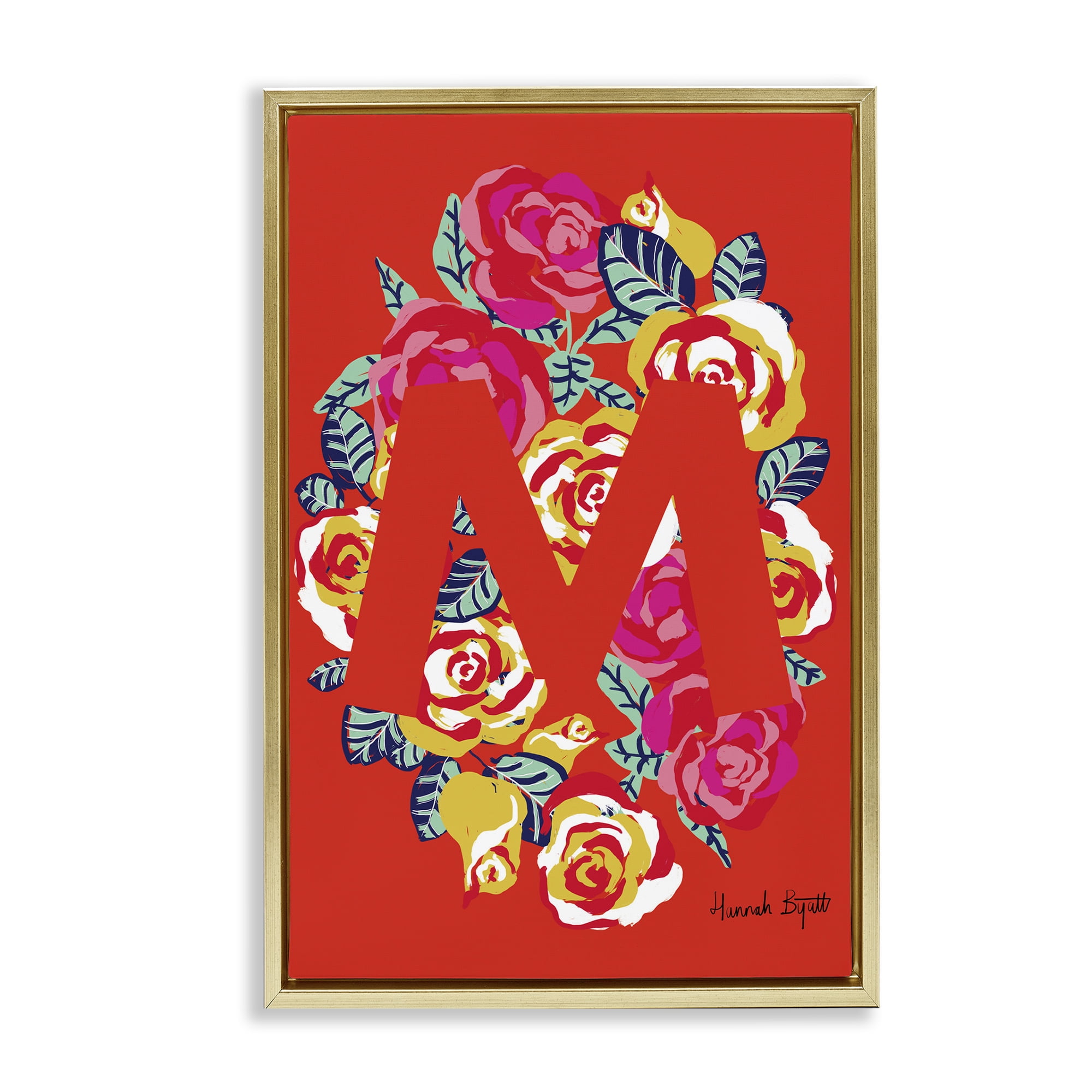 Stupell Industries Floral Bloom Letter M Botanical & Floral Painting Gold Floater Framed Art Print Wall Art, 17 x 25
