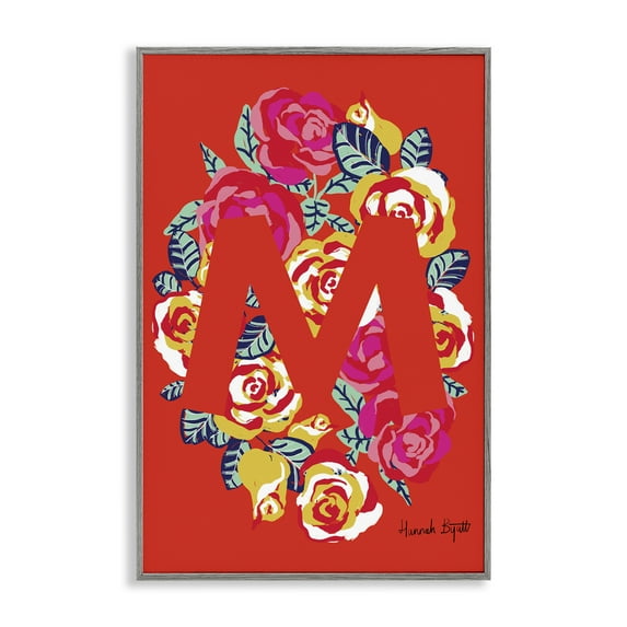 Stupell Industries Floral Bloom Letter M Botanical & Floral Painting Gray Framed Art Print Wall Art, 12 x 18