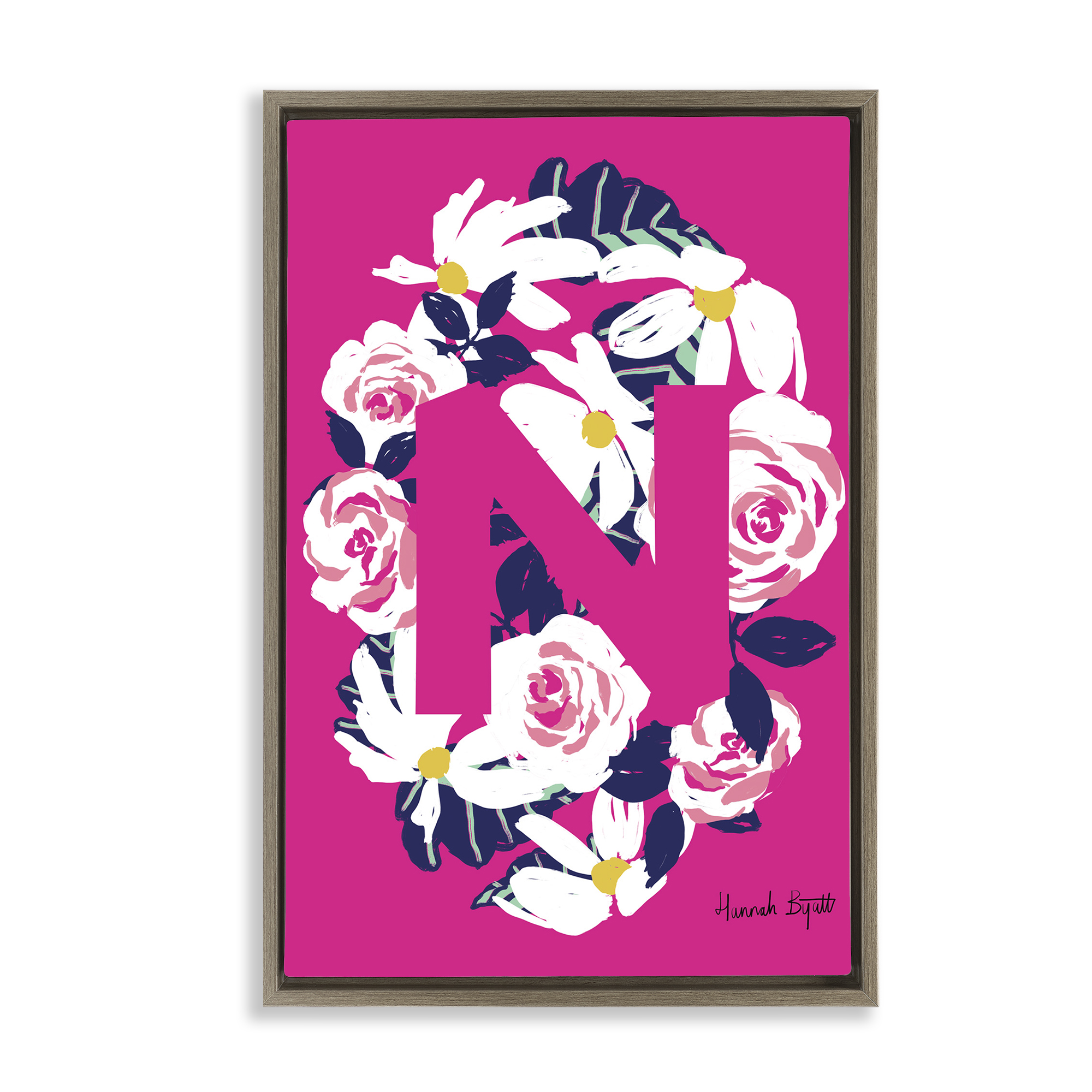 Stupell Industries Floral Bloom Letter N Botanical & Floral Painting Brown Floater Framed Art Print Wall Art, 17 x 25