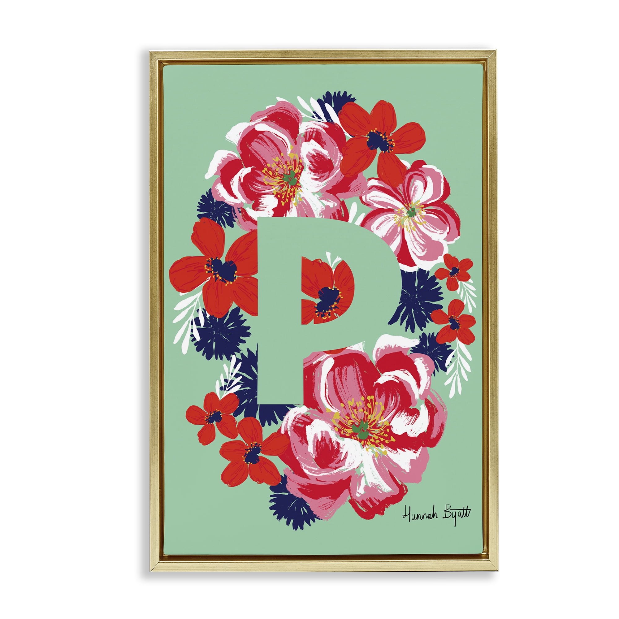 Stupell Industries Floral Bloom Letter P Botanical & Floral Painting Gold Floater Framed Art Print Wall Art, 21 x 31