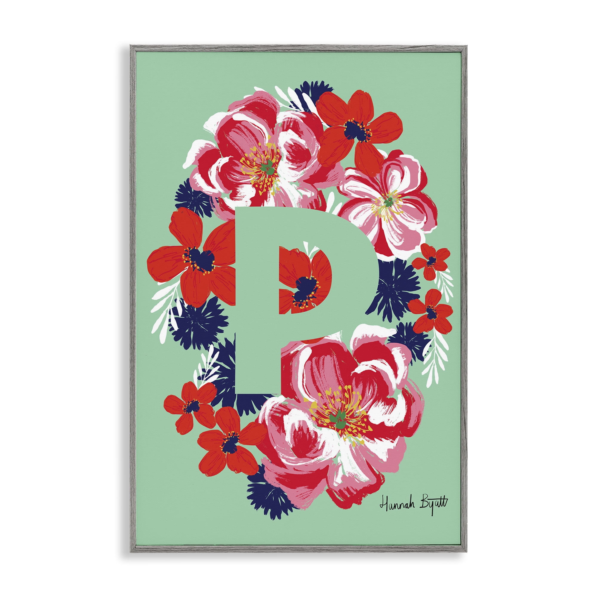 Stupell Industries Floral Bloom Letter P Botanical & Floral Painting Gray Framed Art Print Wall Art, 16 x 24