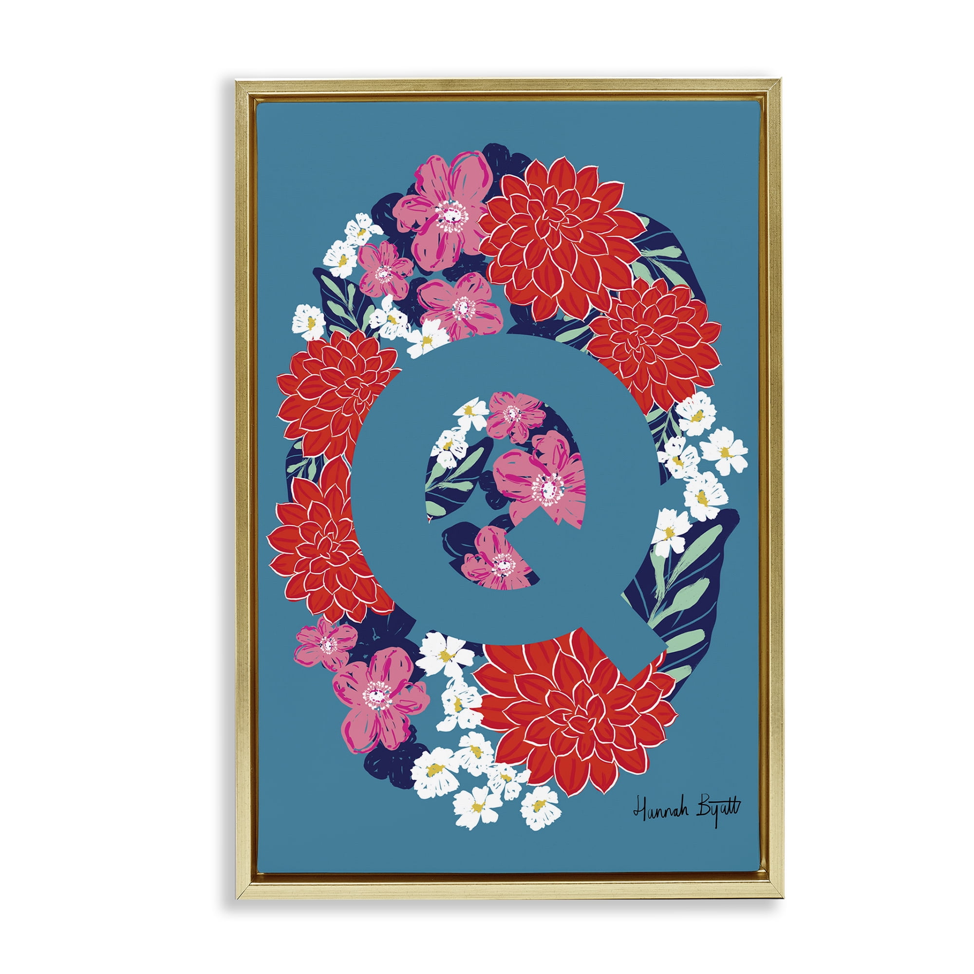 Stupell Industries Floral Bloom Letter Q Botanical & Floral Painting Gold Floater Framed Art Print Wall Art, 17 x 25