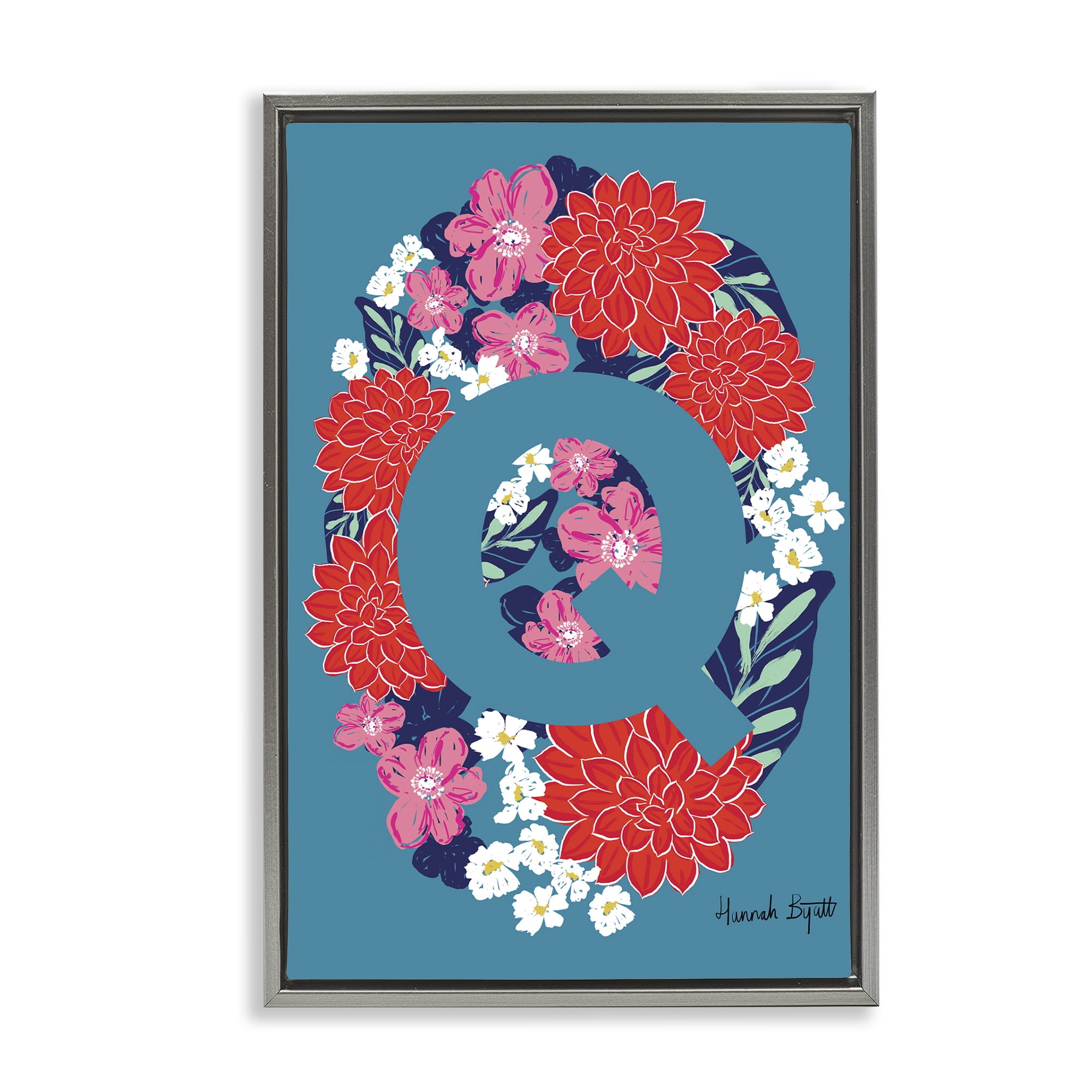 Stupell Industries Floral Bloom Letter Q Botanical & Floral Painting Gray Floater Framed Art Print Wall Art, 17 x 25