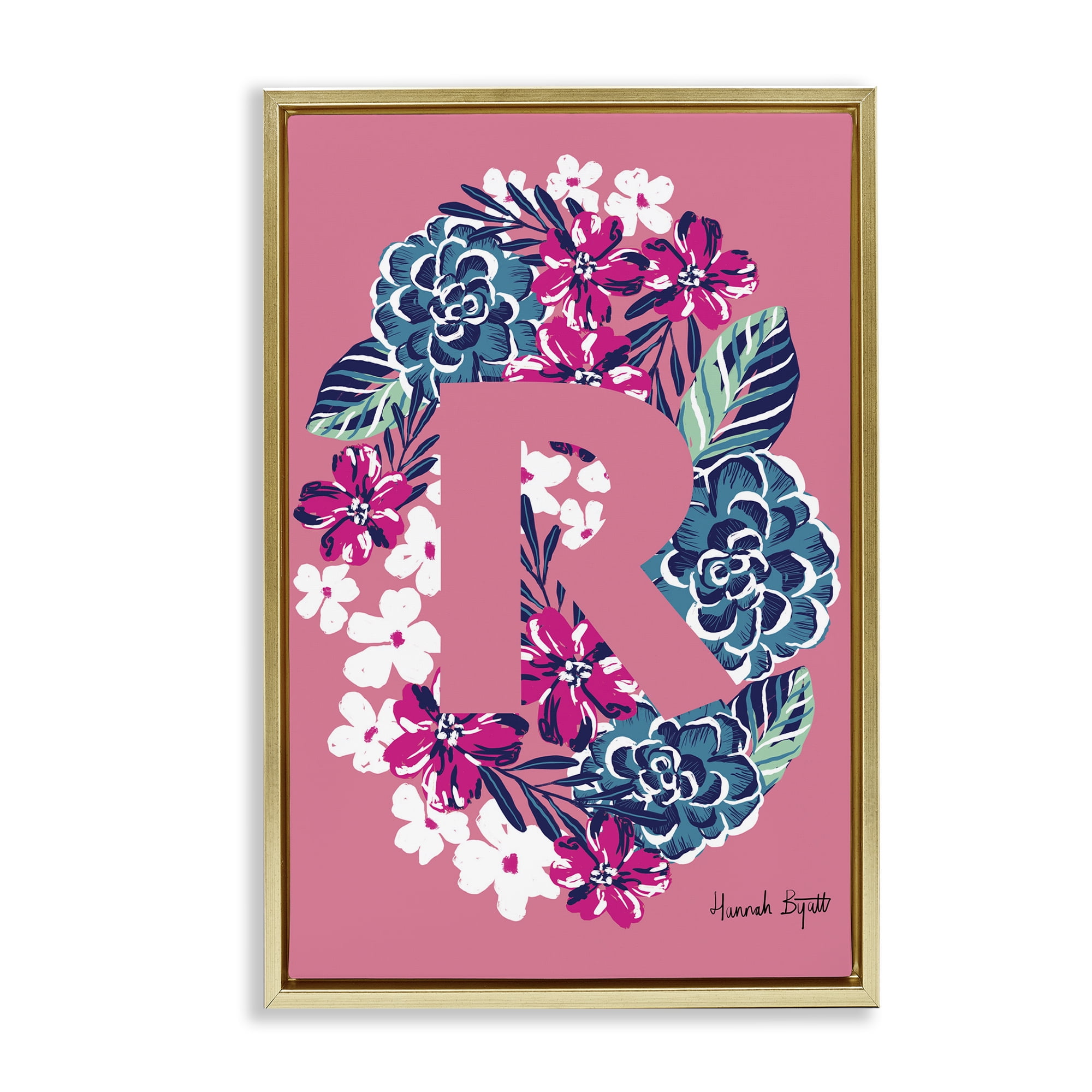 Stupell Industries Floral Bloom Letter R Botanical & Floral Painting Gold Floater Framed Art Print Wall Art, 17 x 25