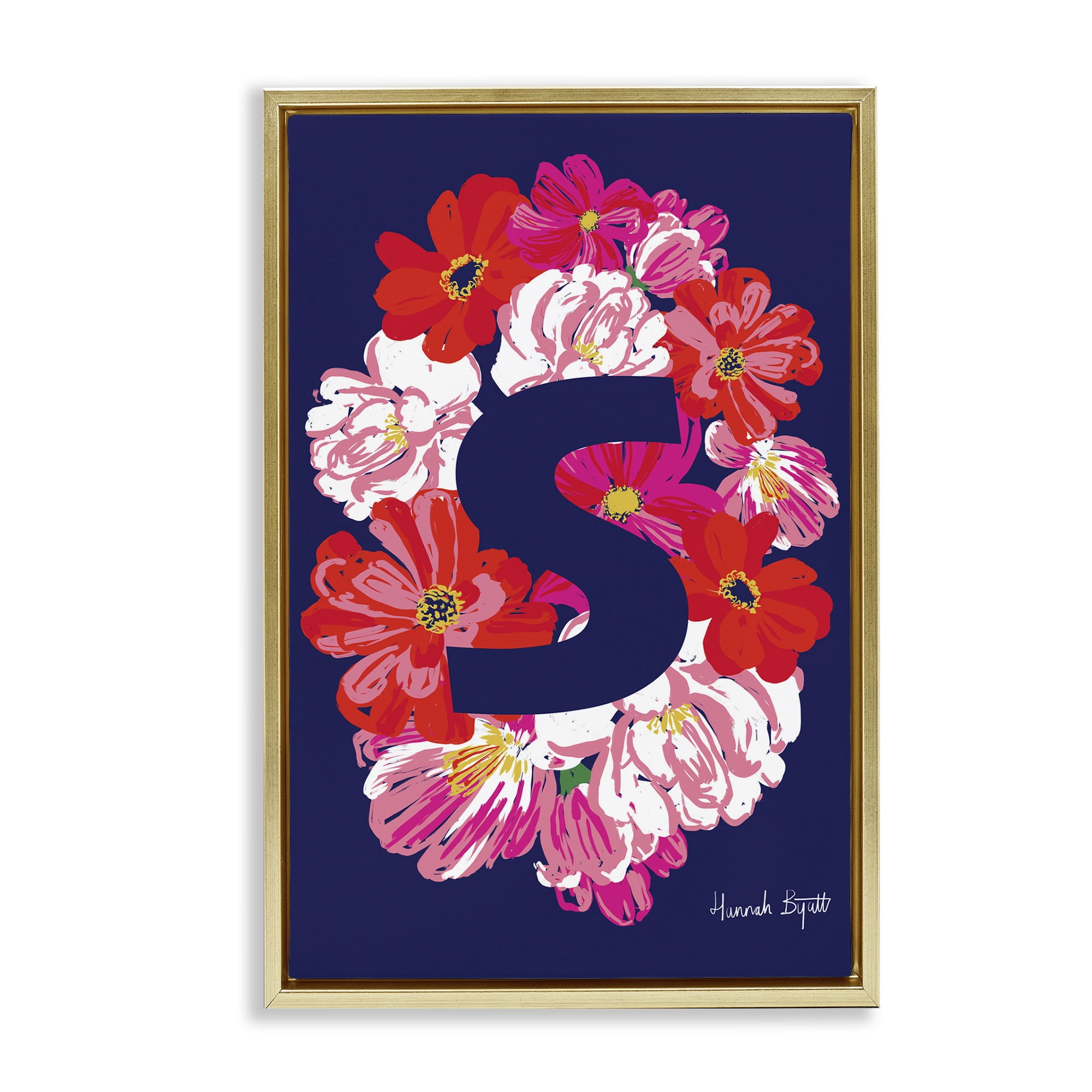 Stupell Industries Floral Bloom Letter S Botanical & Floral Painting Gold Floater Framed Art Print Wall Art, 17 x 25