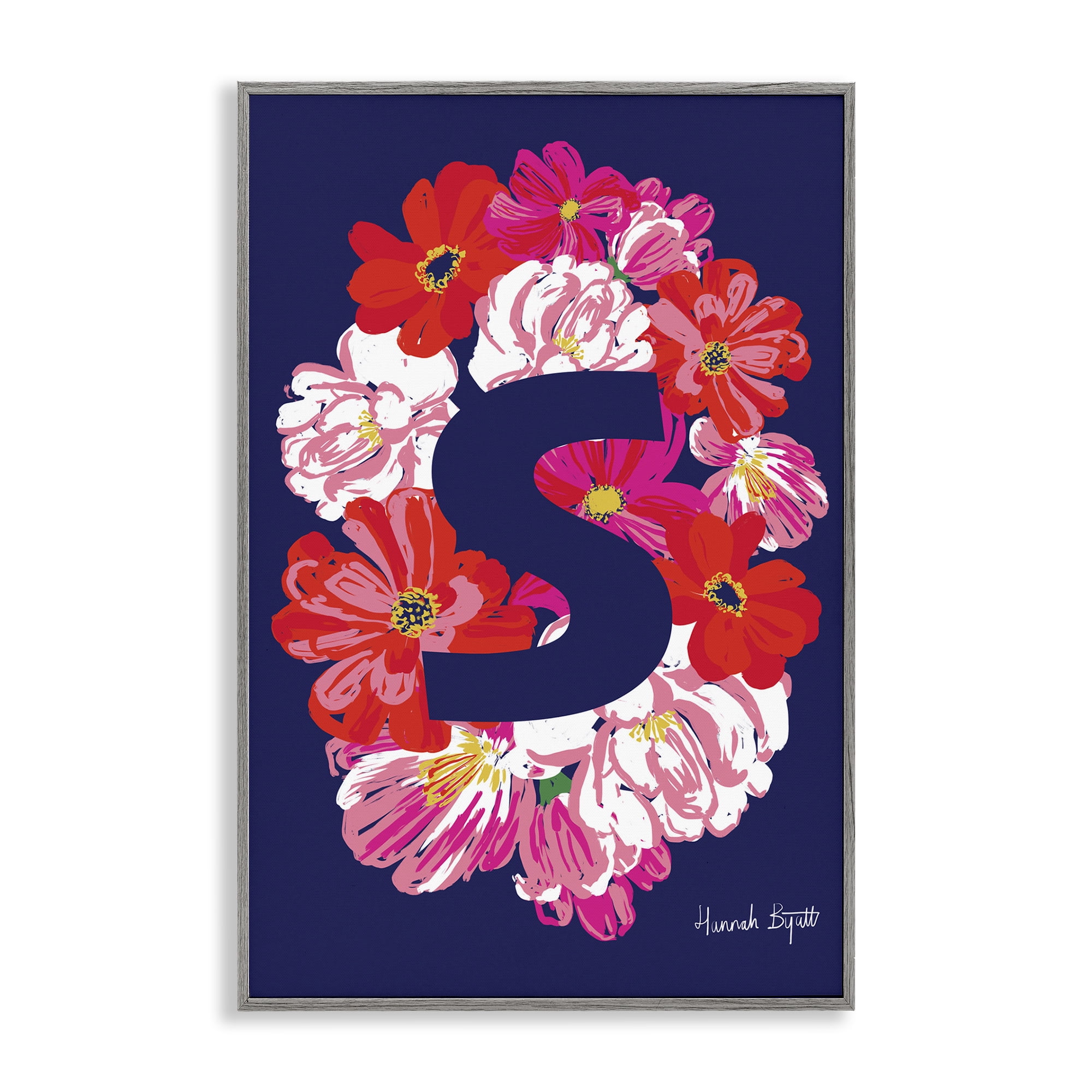 Stupell Industries Floral Bloom Letter S Botanical & Floral Painting Gray Framed Art Print Wall Art, 20 x 30