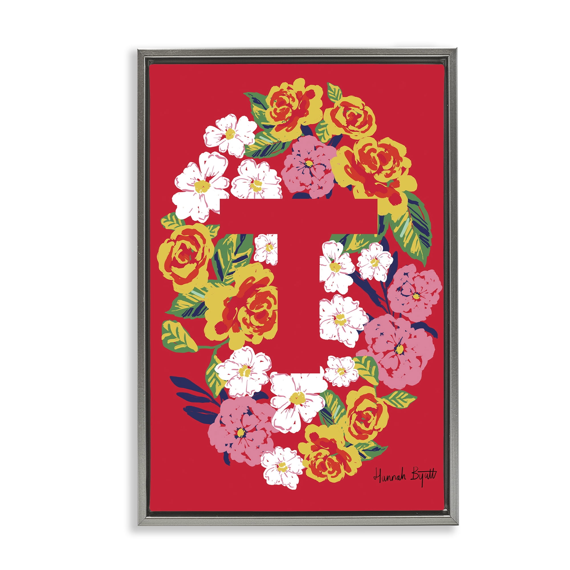 Stupell Industries Floral Bloom Letter T Botanical & Floral Painting Gray Floater Framed Art Print Wall Art, 17 x 25