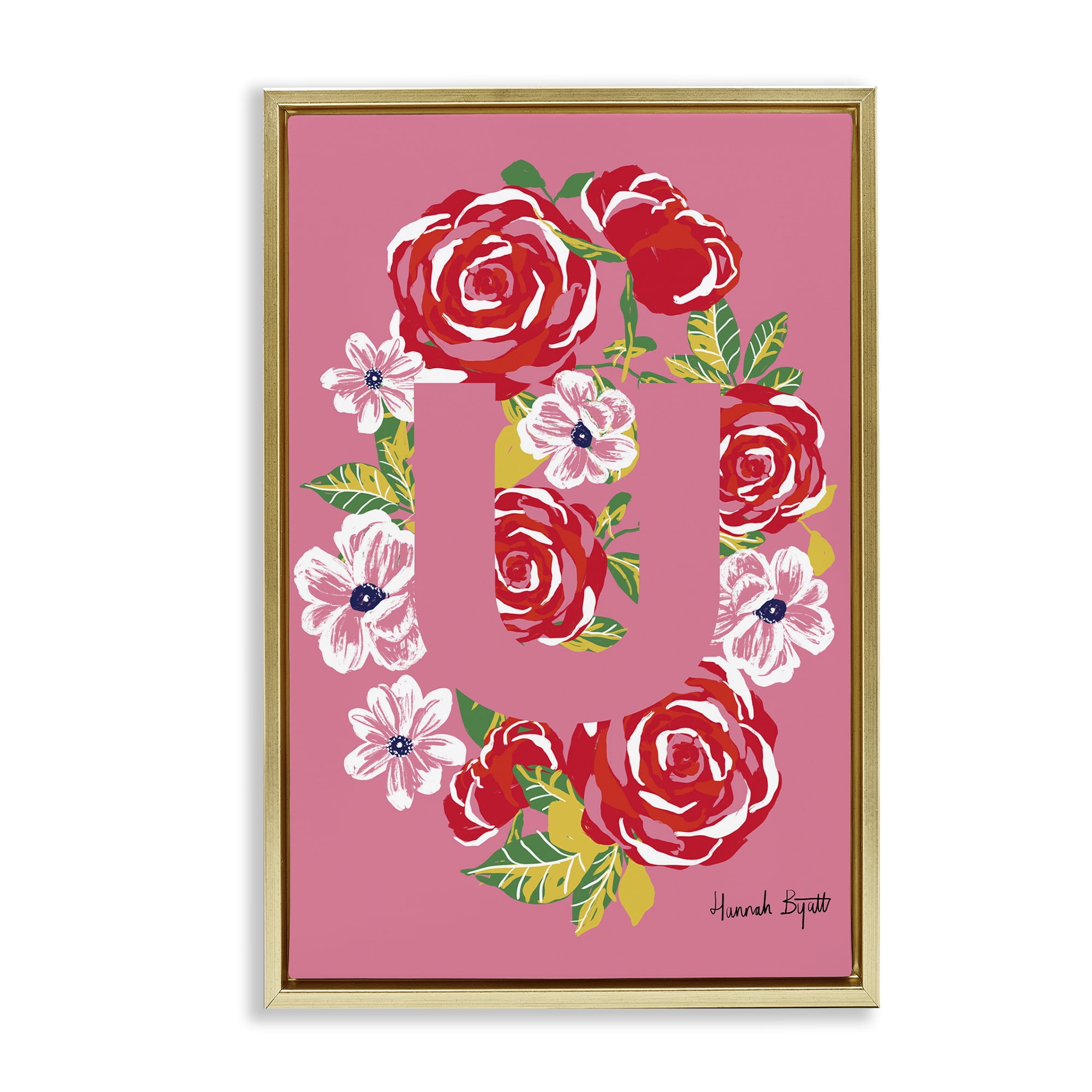 Stupell Industries Floral Bloom Letter U Botanical & Floral Painting Gold Floater Framed Art Print Wall Art, 17 x 25
