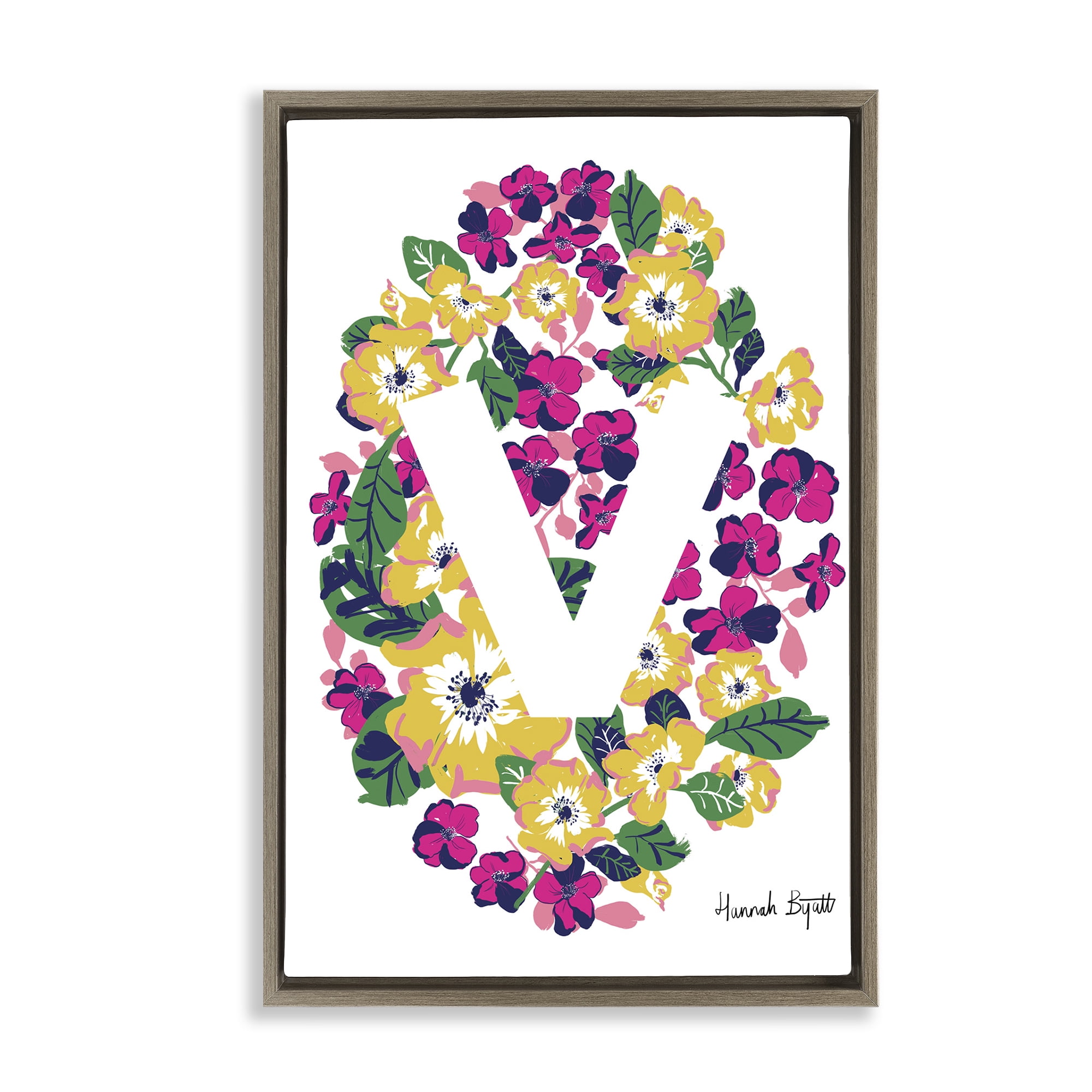 Stupell Industries Floral Bloom Letter V Botanical & Floral Painting Brown Floater Framed Art Print Wall Art, 17 x 25