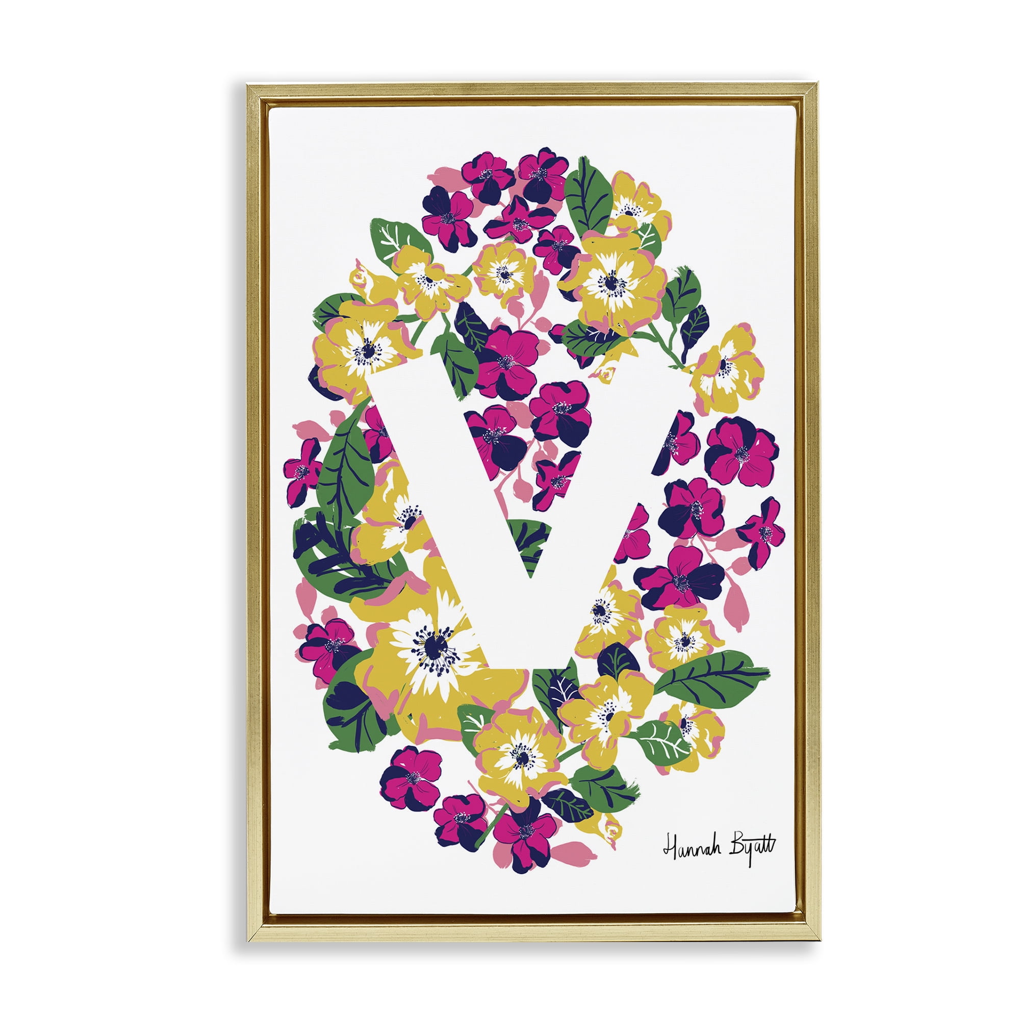 Stupell Industries Floral Bloom Letter V Botanical & Floral Painting Gold Floater Framed Art Print Wall Art, 21 x 31