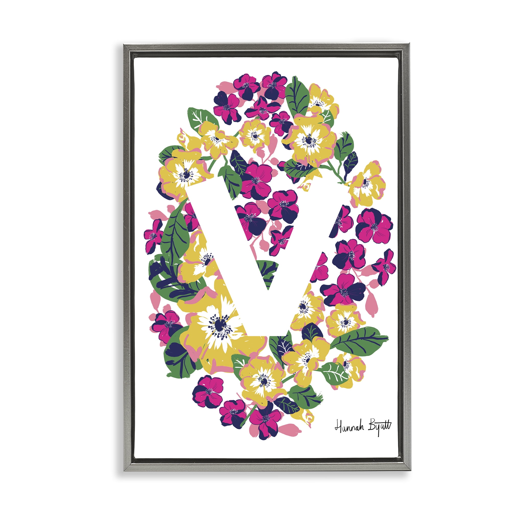 Stupell Industries Floral Bloom Letter V Botanical & Floral Painting Gray Floater Framed Art Print Wall Art, 17 x 25