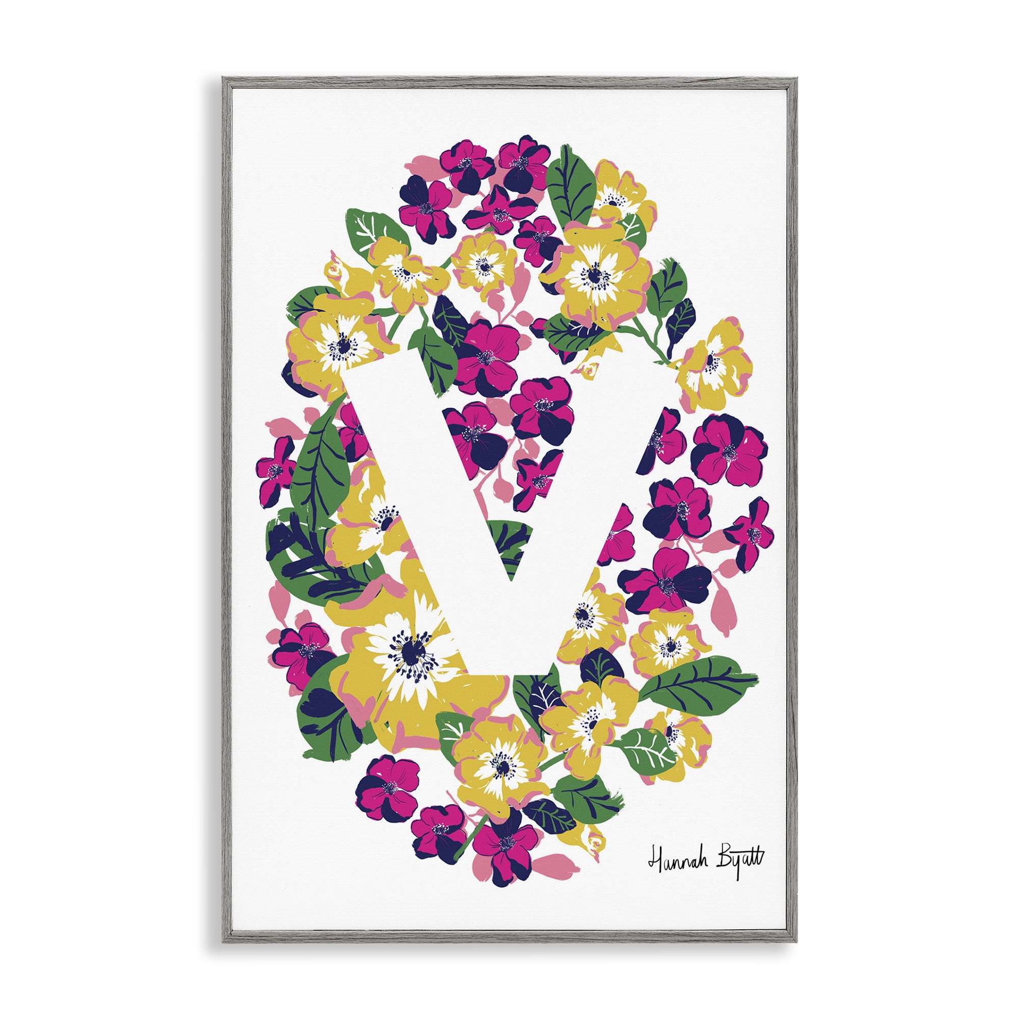 Stupell Industries Floral Bloom Letter V Botanical & Floral Painting Gray Framed Art Print Wall Art, 12 x 18