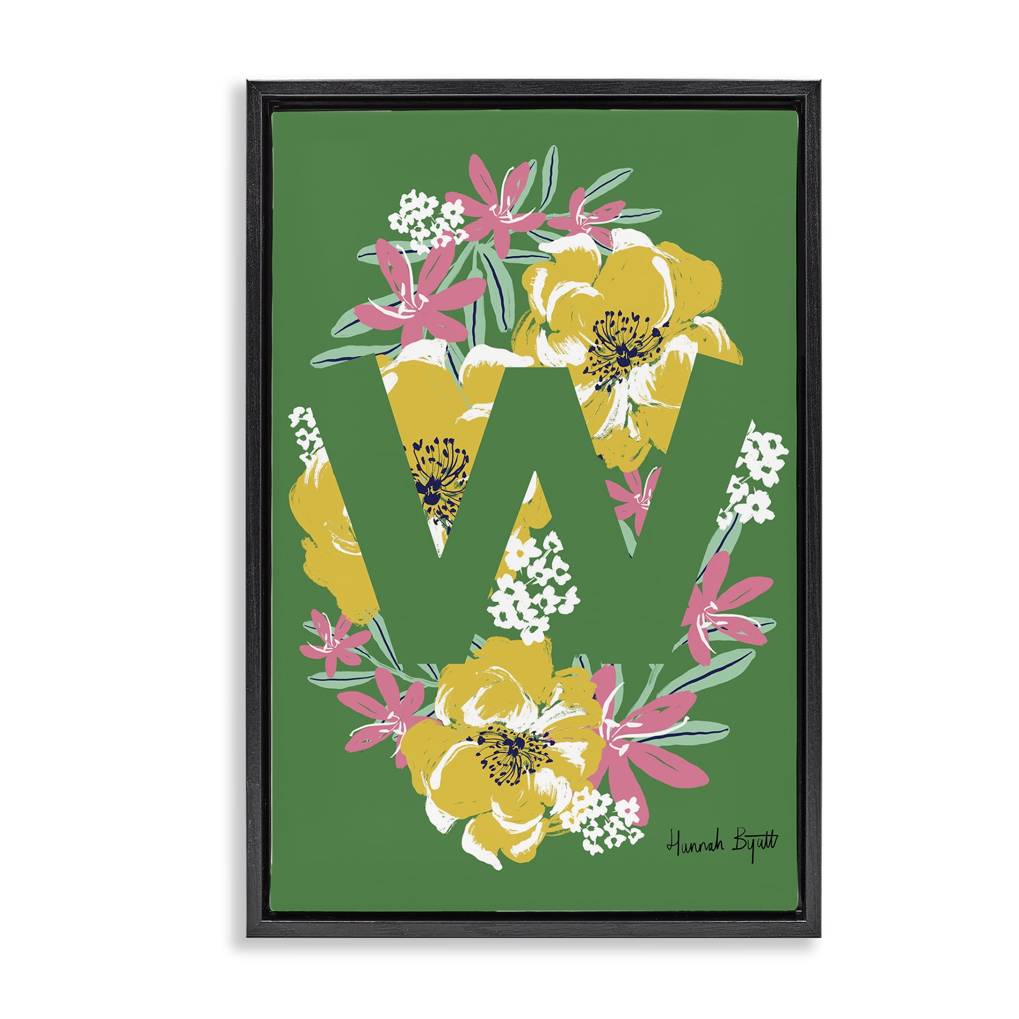 Stupell Industries Floral Bloom Letter W Botanical & Floral Painting Black Floater Framed Art Print Wall Art, 17 x 25