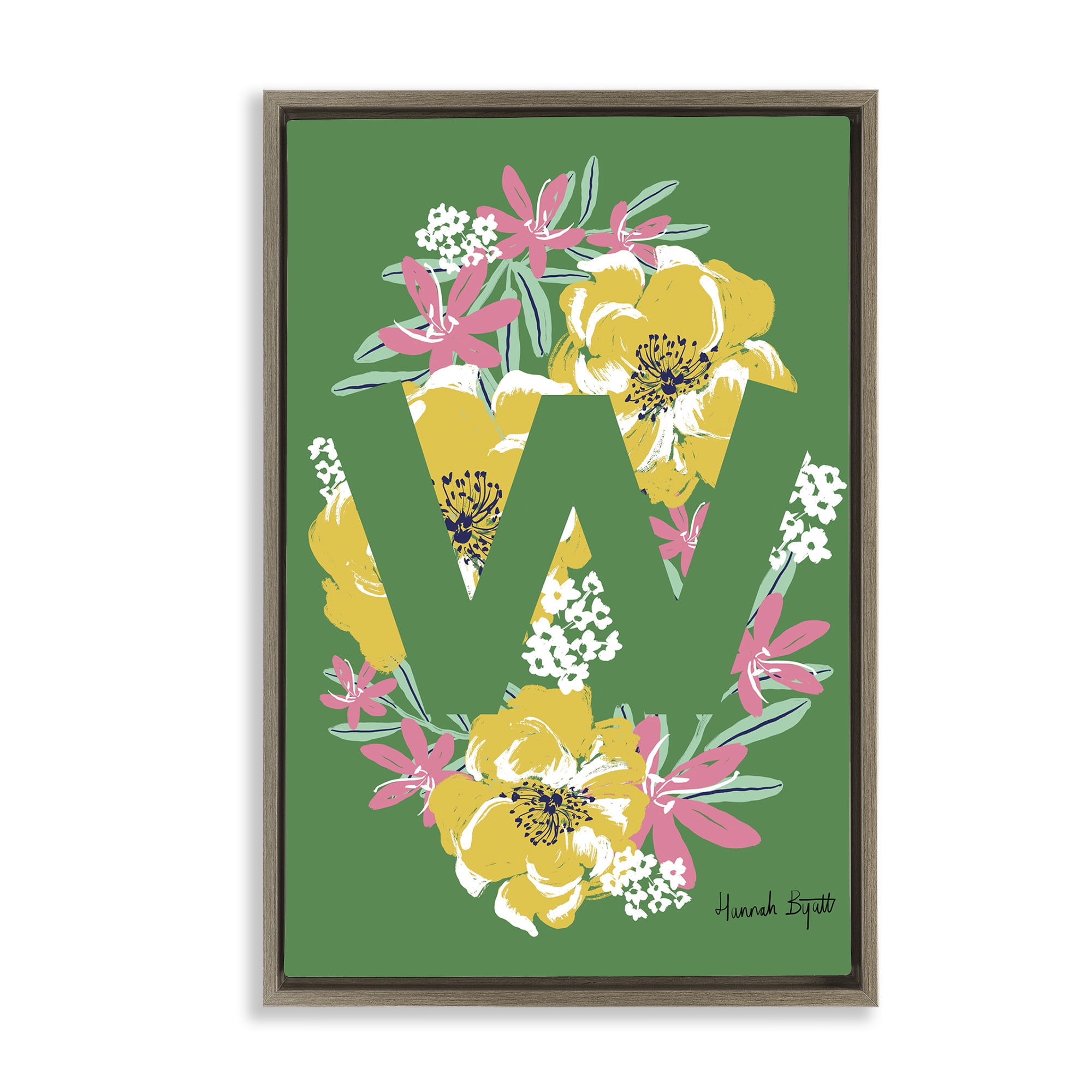 Stupell Industries Floral Bloom Letter W Botanical & Floral Painting Brown Floater Framed Art Print Wall Art, 17 x 25