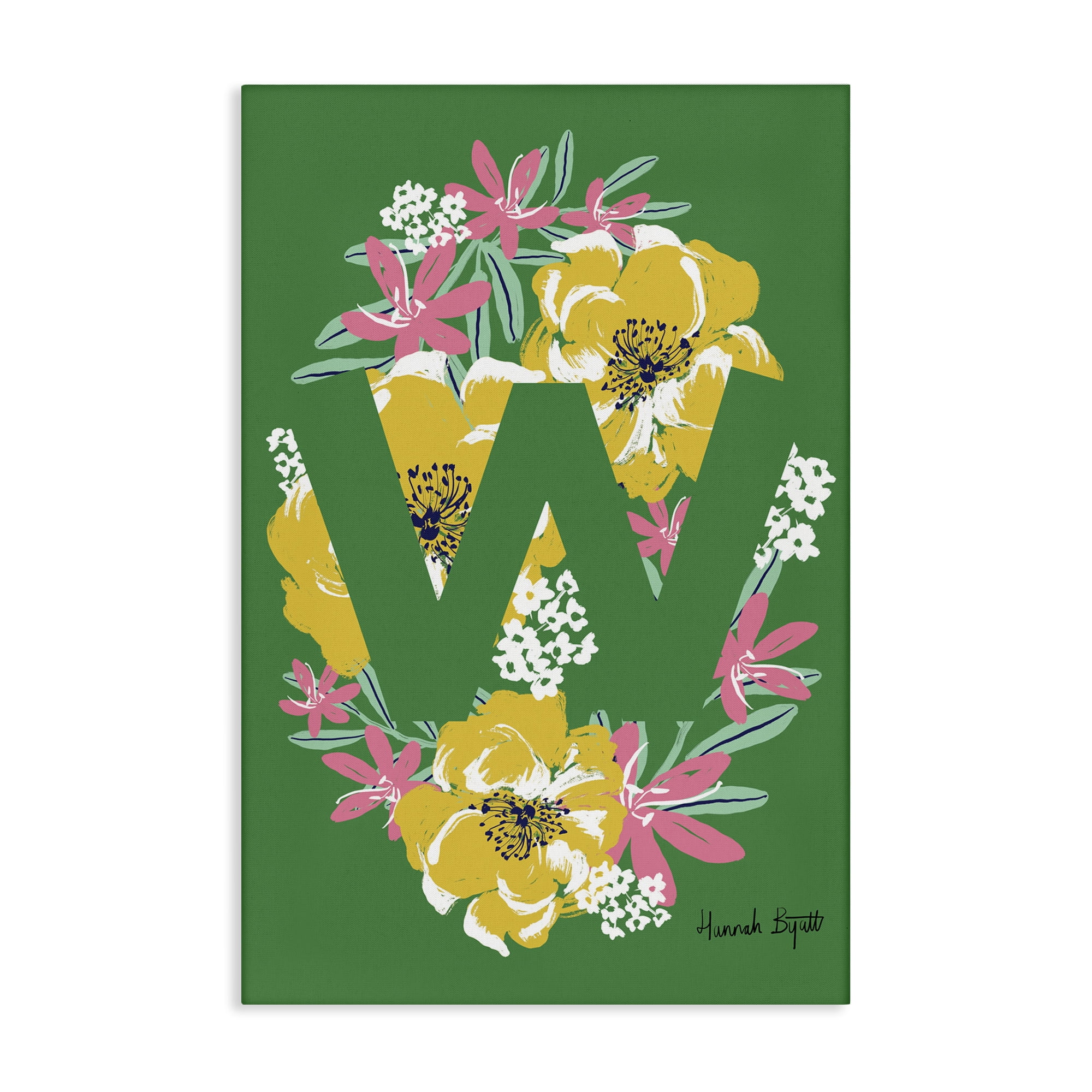 Green Floral Monogram W Canvas Wall Art, 16 x 24