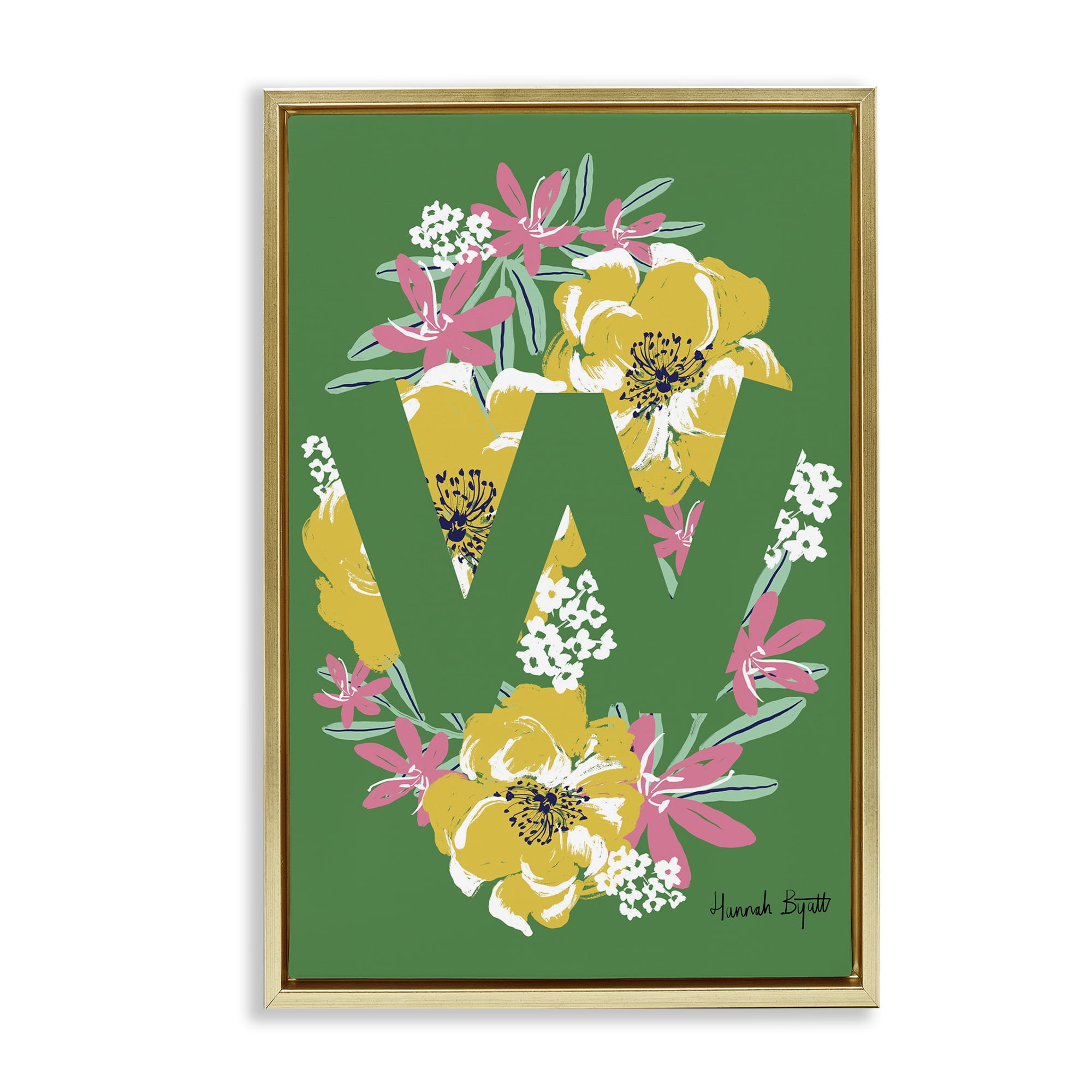 Stupell Industries Floral Bloom Letter W Botanical & Floral Painting Gold Floater Framed Art Print Wall Art, 17 x 25