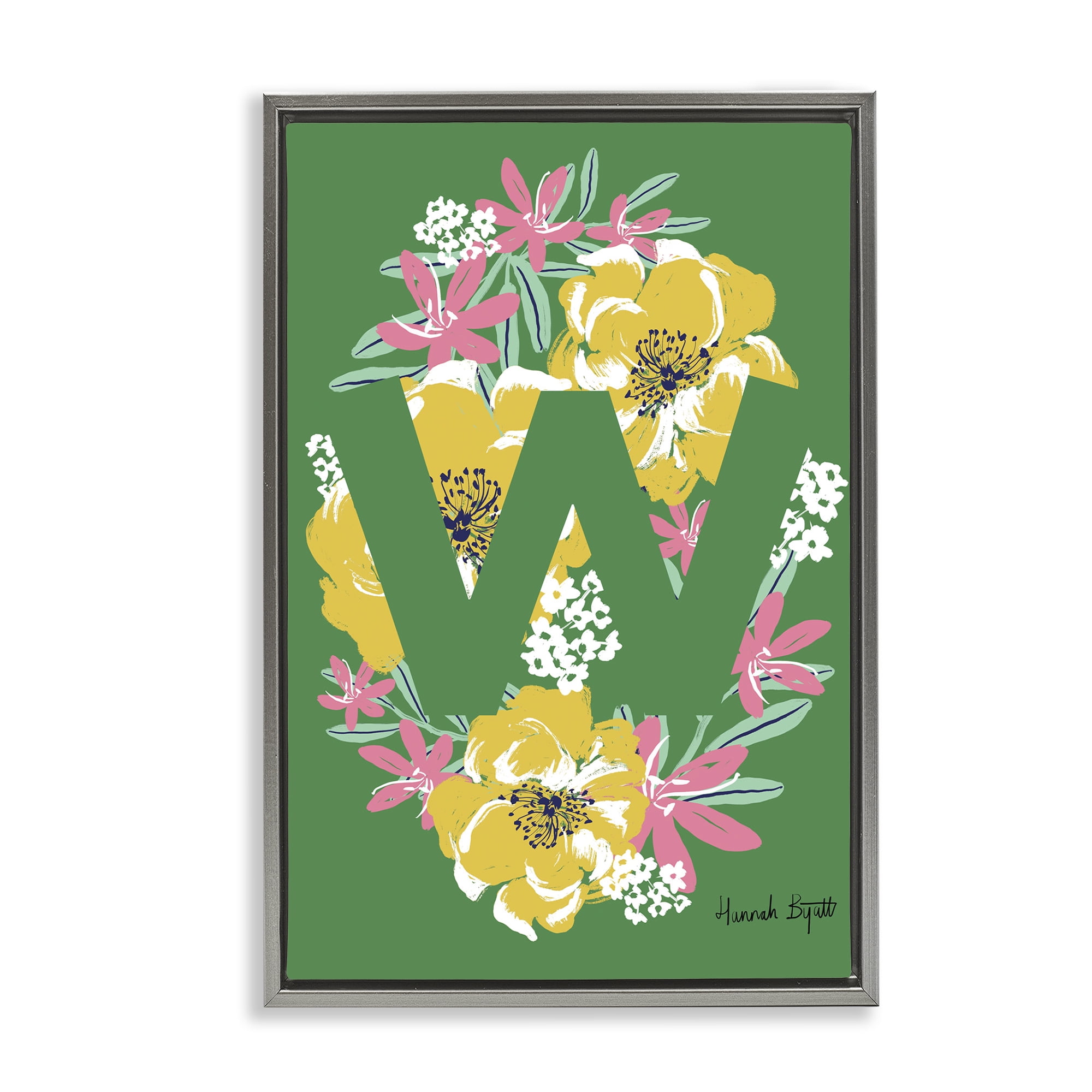 Stupell Industries Floral Bloom Letter W Botanical & Floral Painting Gray Floater Framed Art Print Wall Art, 21 x 31