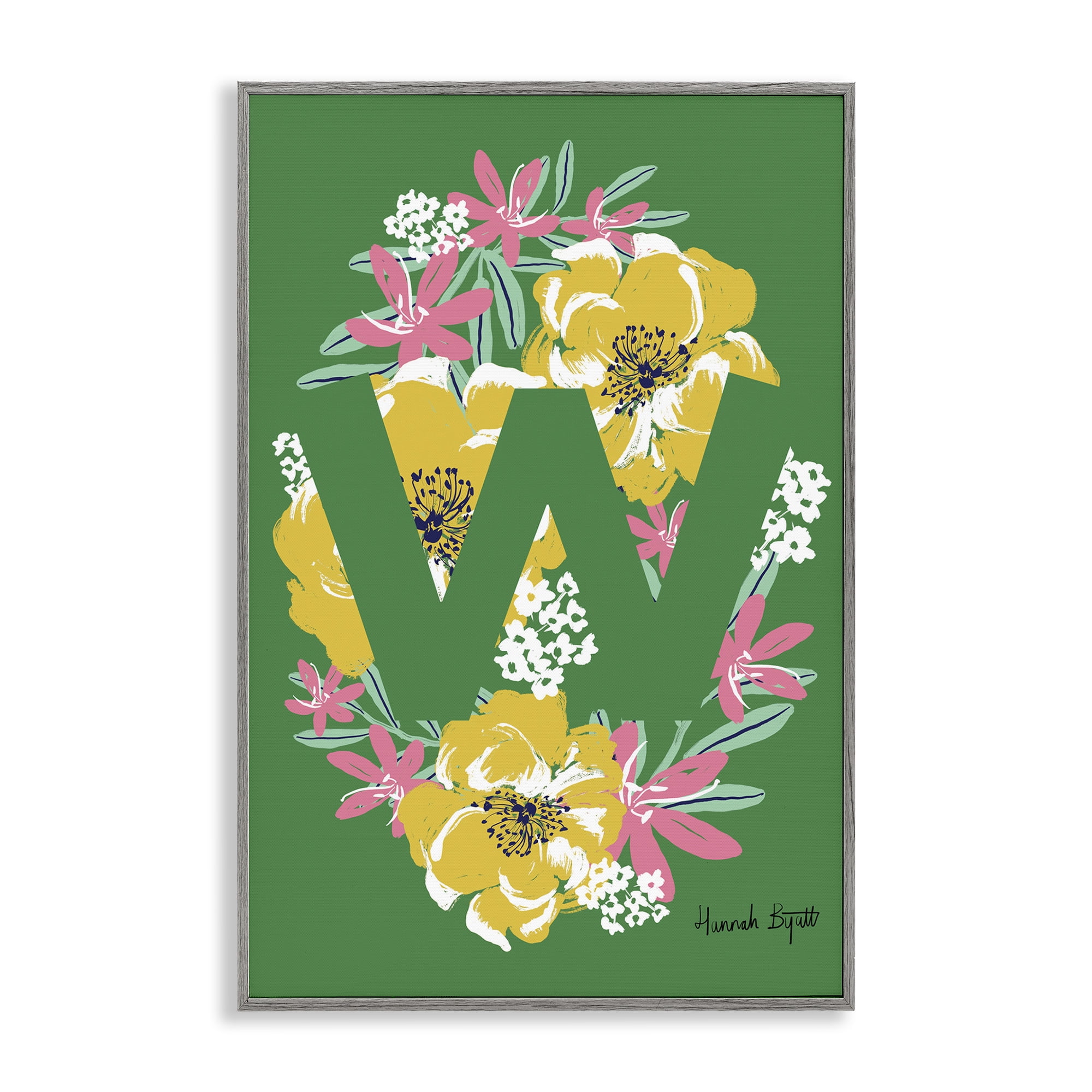 Stupell Industries Floral Bloom Letter W Botanical & Floral Painting Gray Framed Art Print Wall Art, 20 x 30