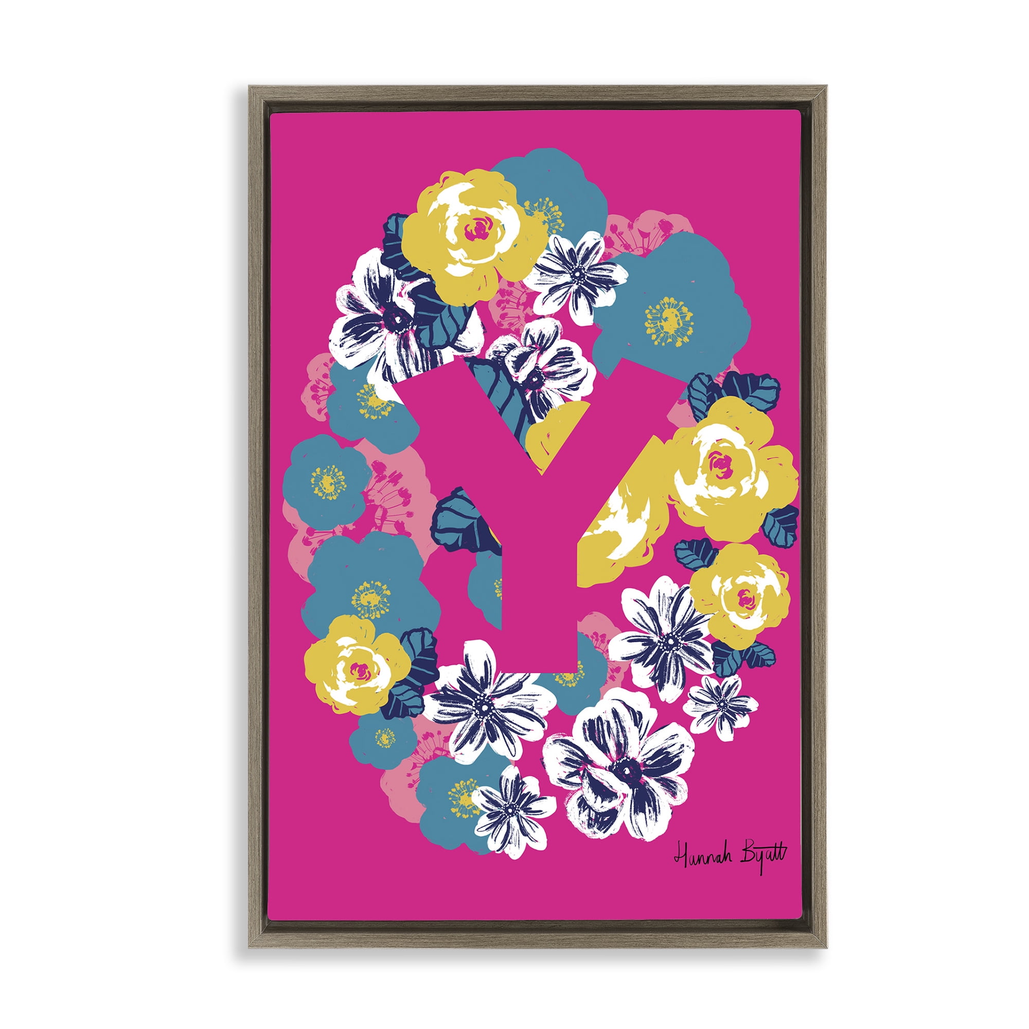 Stupell Industries Floral Bloom Letter Y Botanical & Floral Painting Brown Floater Framed Art Print Wall Art, 17 x 25