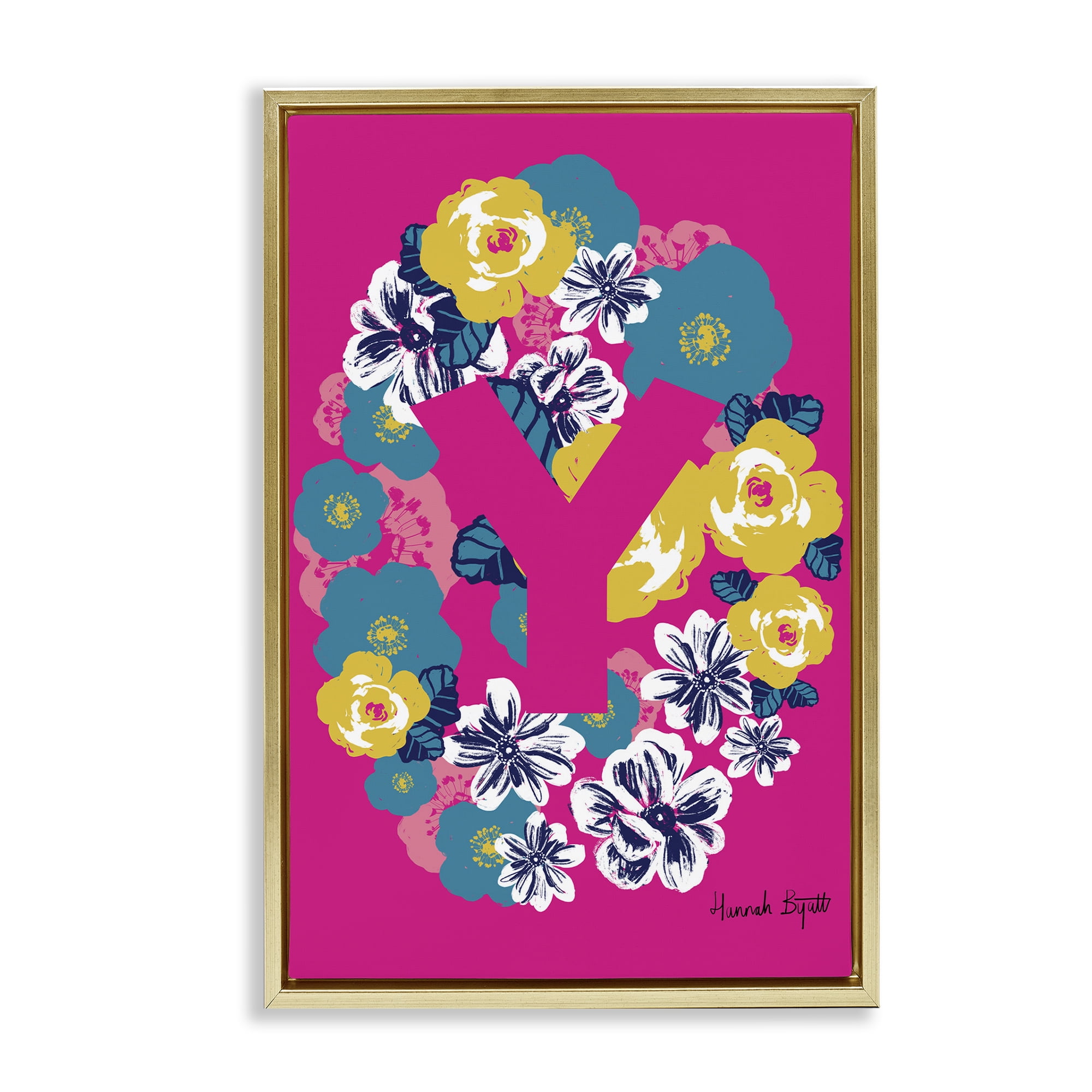 Stupell Industries Floral Bloom Letter Y Botanical & Floral Painting Gold Floater Framed Art Print Wall Art, 17 x 25