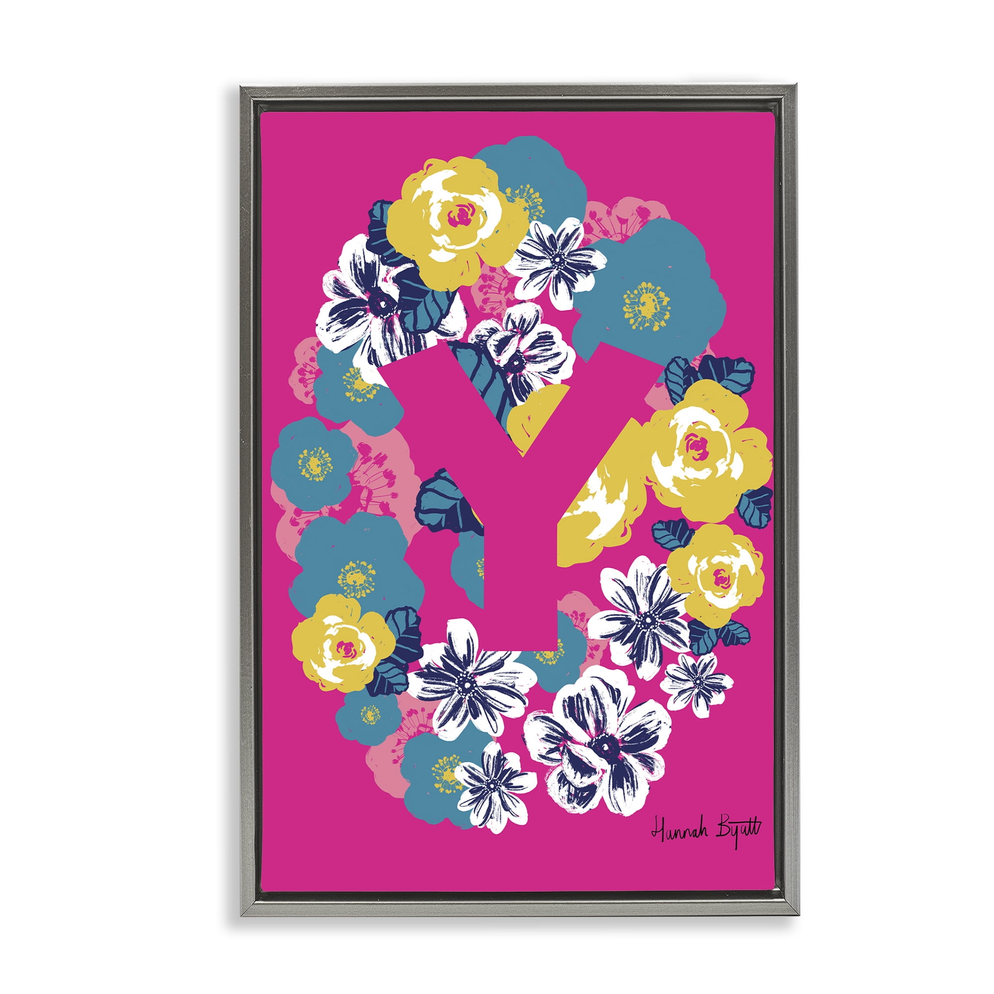 Stupell Industries Floral Bloom Letter Y Botanical & Floral Painting Gray Floater Framed Art Print Wall Art, 17 x 25