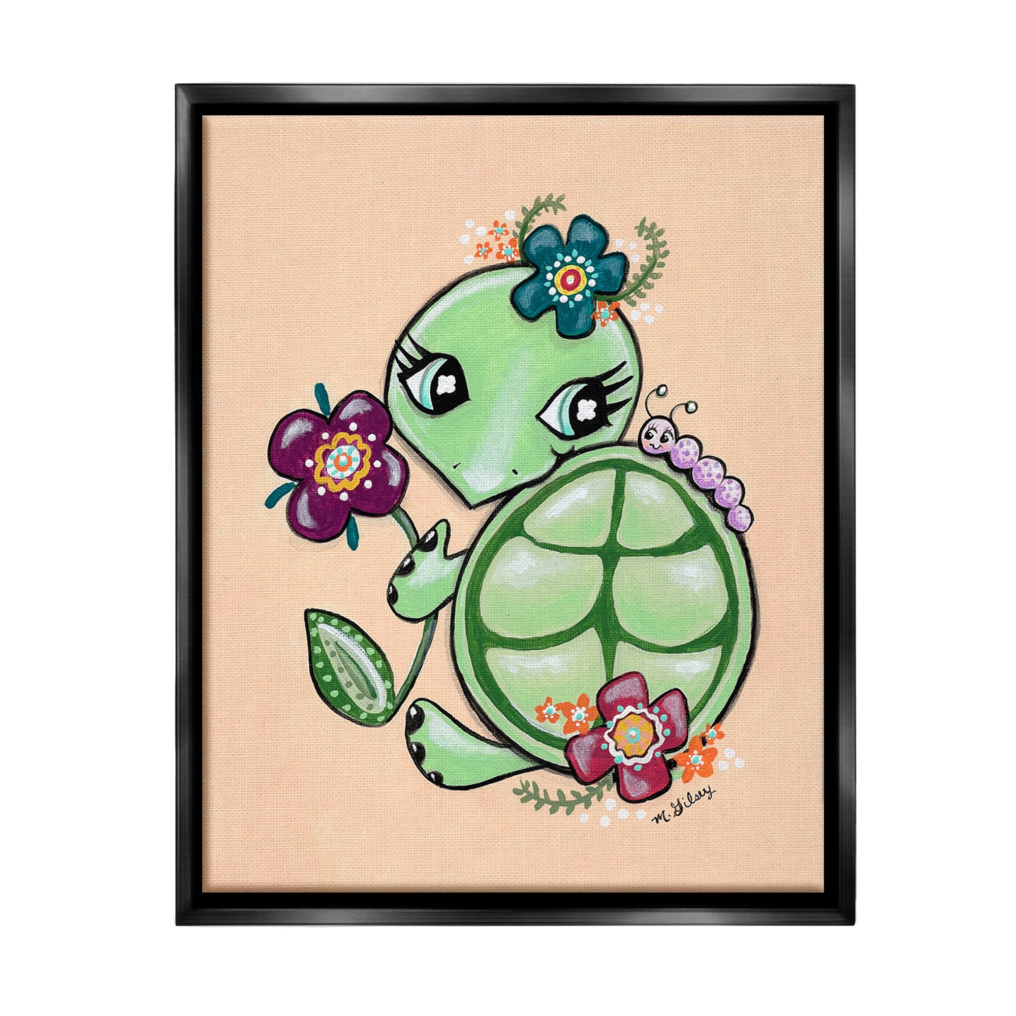 Floral Blossom Turtle Green Canvas Print with Black Frame
