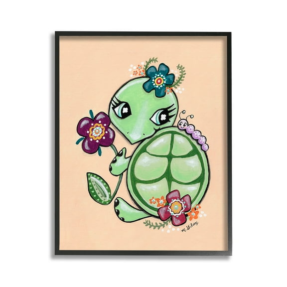 Stupell Industries Floral Blossom Turtle Animals & Insects Painting Black Framed Art Print Wall Art, 11 x 14