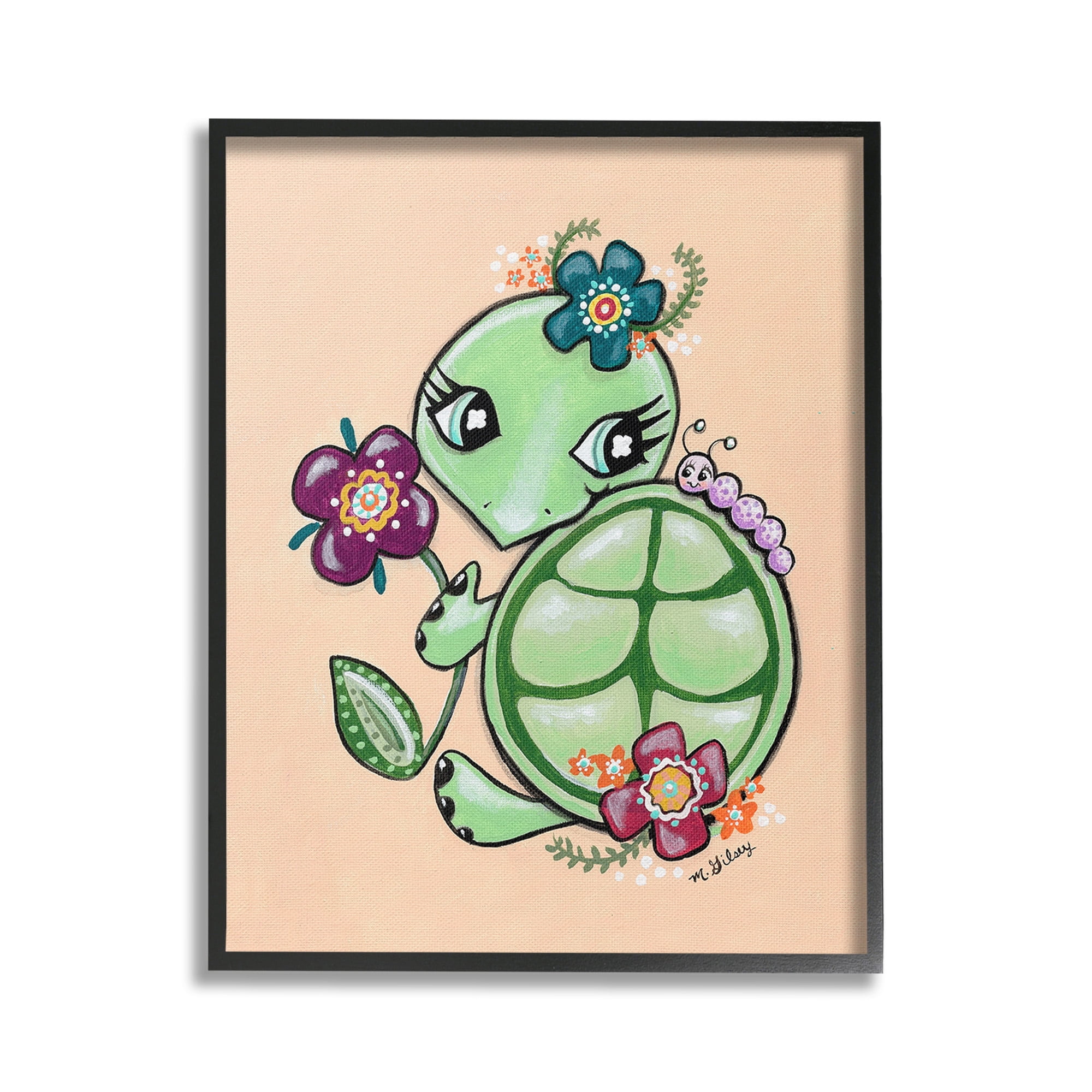 Stupell Industries Floral Blossom Turtle Animals & Insects Painting Black Framed Art Print Wall Art, 24 x 30